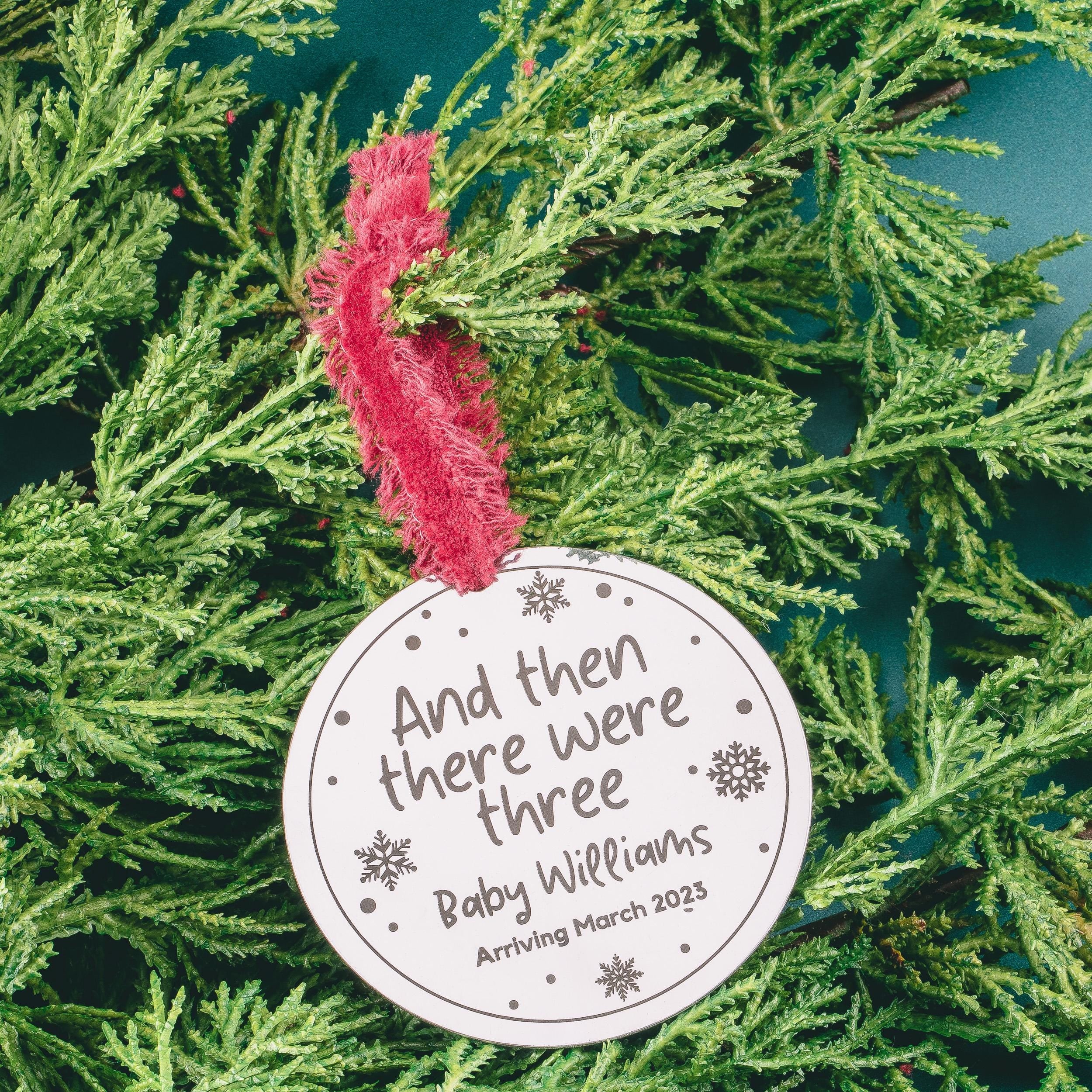 New Baby Personalized Ornament | And Then There Were Three Christmas Decoration | Modern Brushed Silver Stainless Steel Holiday Bauble