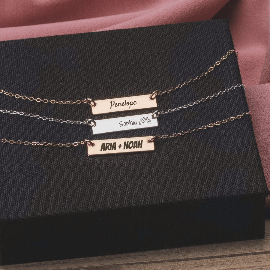 Personalized Couples Bar Necklace | Custom Engraved Skinny Nameplate Bar Necklace in Silver, Gold, or Rose Gold | Customized Gift for Her