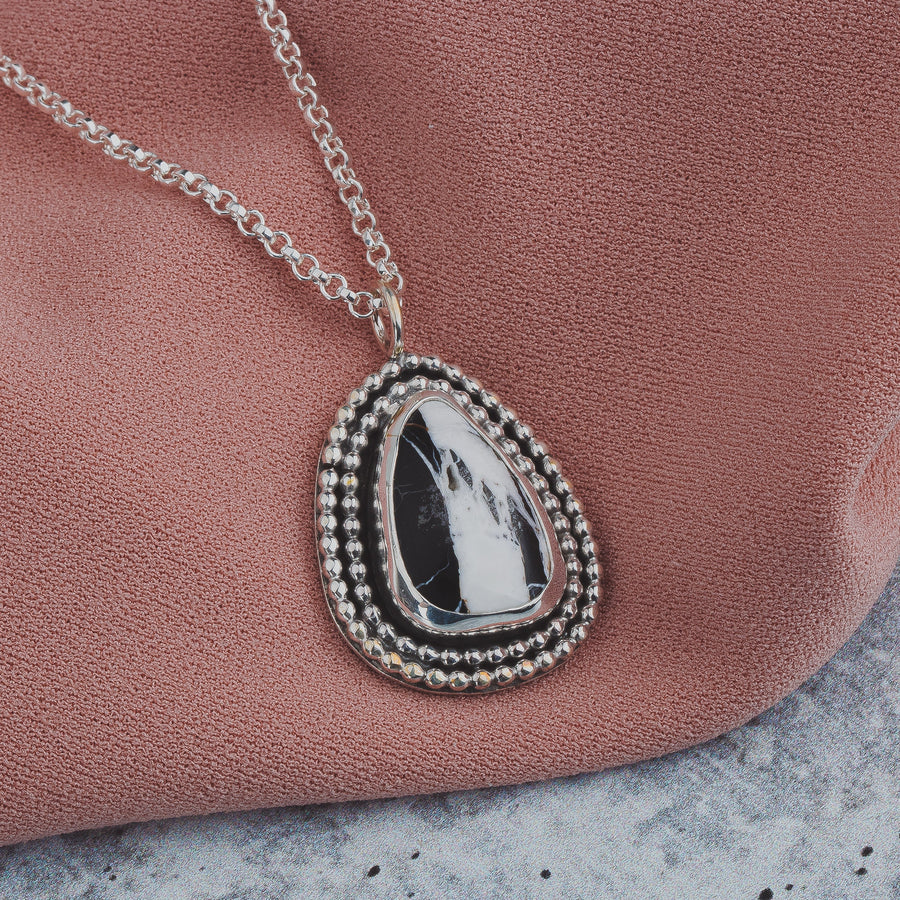 White Buffalo Turquoise Necklace In Sterling Silver | Huge Big Black And White Teardrop Boho Bohemian Pendant With Double Beaded Border