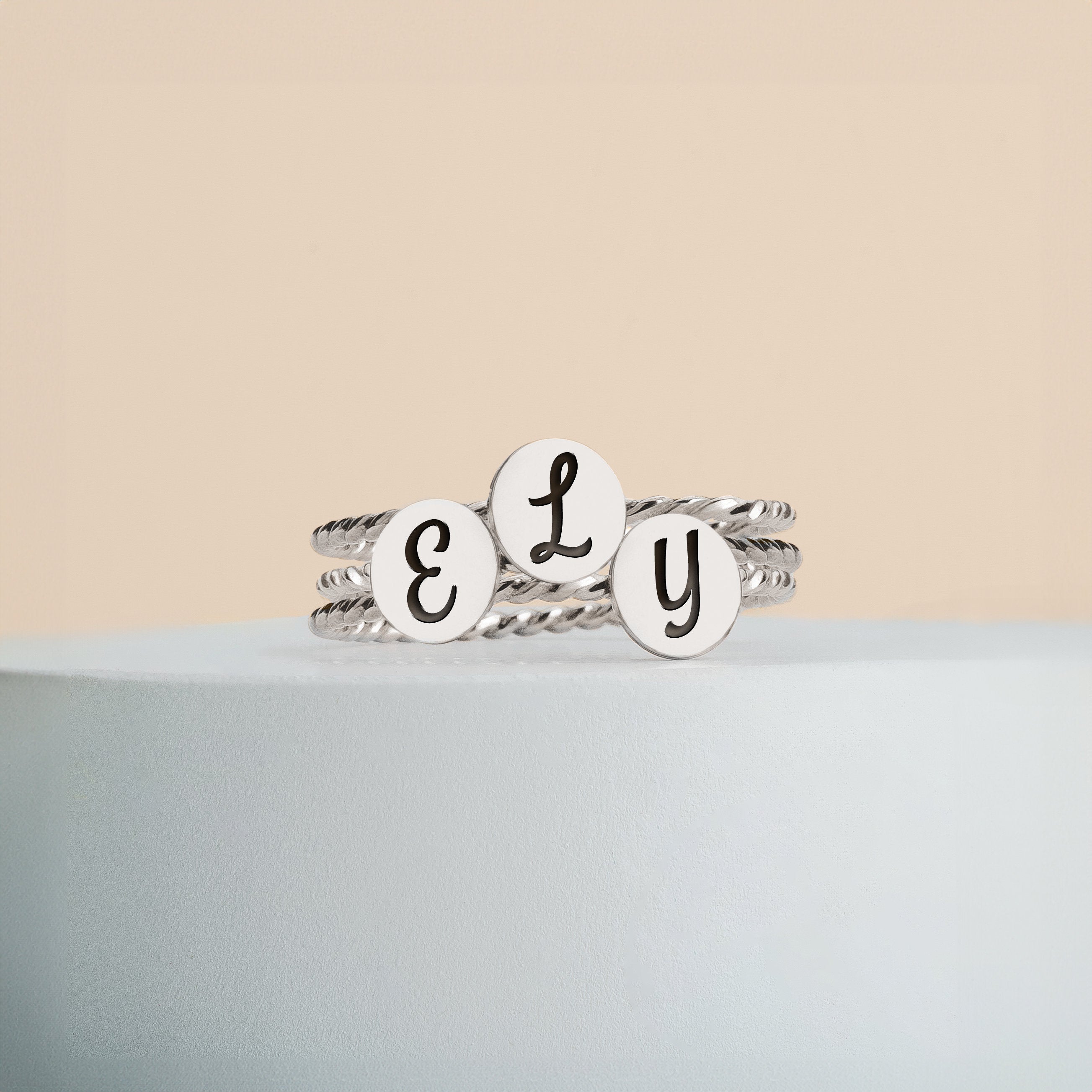 Set of 3 Initial Braided Rope Stacking Rings | Twist Personalized Monogram Letter Stack | Silver Gold or Rose | Family Signet Stackable Ring