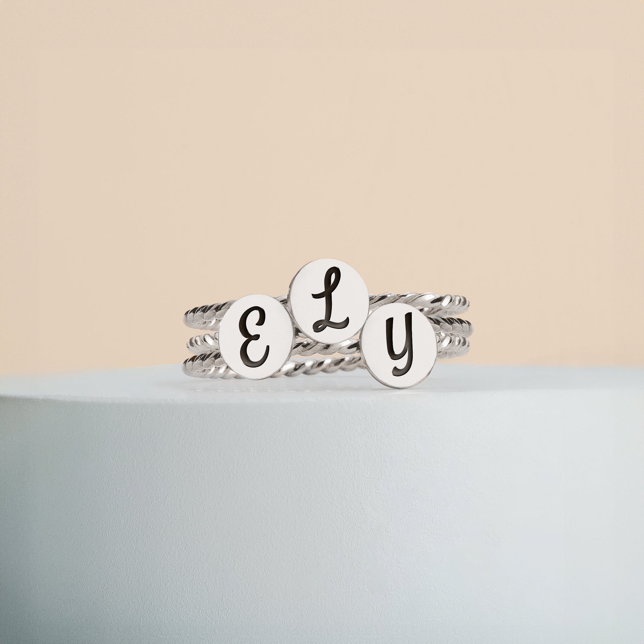 Set of 3 Initial Braided Rope Stacking Rings | Twist Personalized Monogram Letter Stack | Silver Gold or Rose | Family Signet Stackable Ring