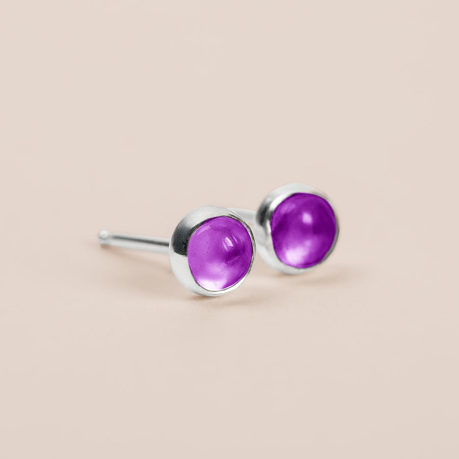 Amethyst Gemstone Stud Earrings | Sterling Silver Round Circle Purple Stone Post Earrings | February Birthstone