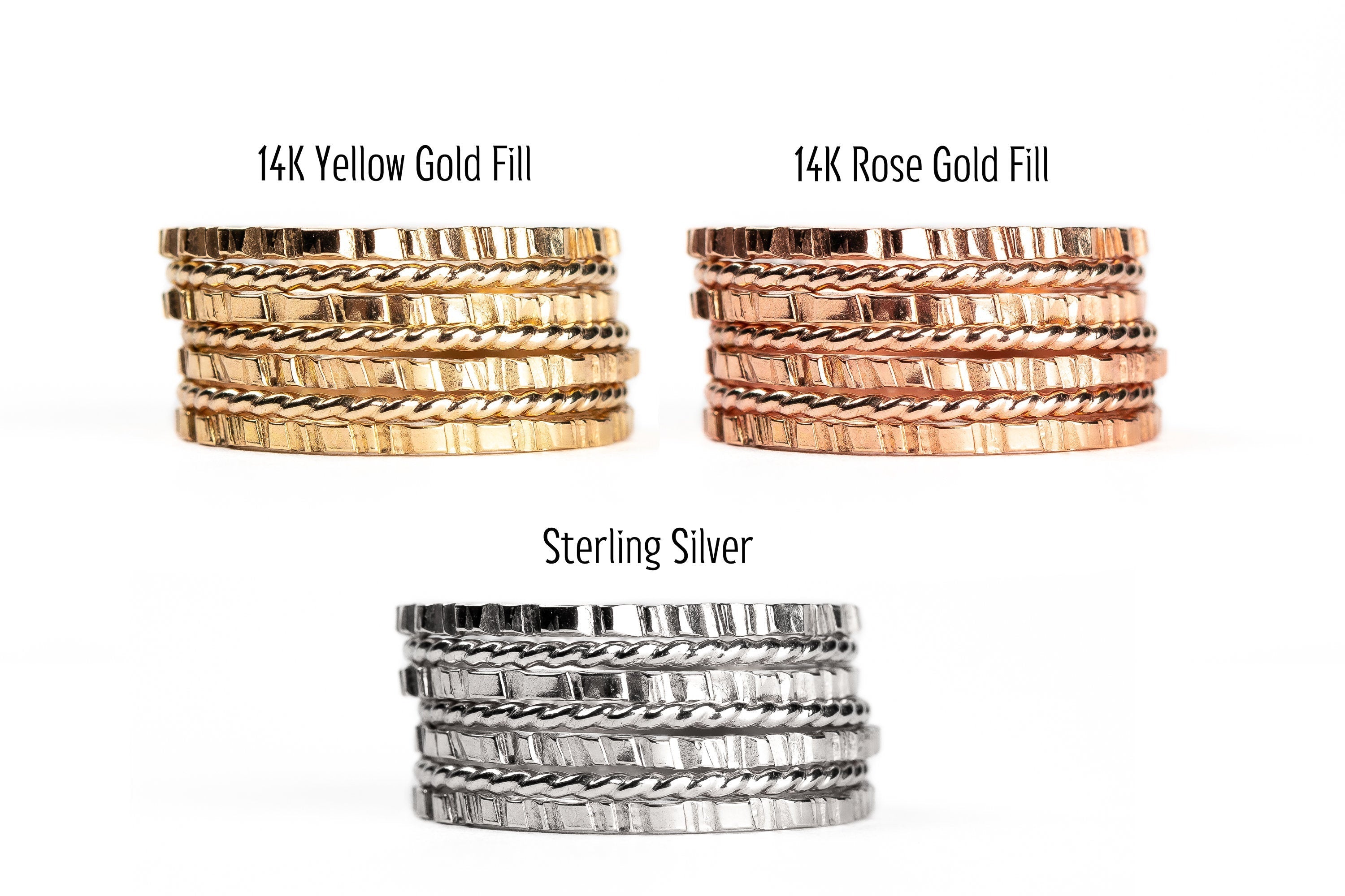 The Margo Stack | Set of 7 Rugged and Twist Stacking Rings | Gold, Rose Or Silver Mixed Hammered Stacking Stackable Stack Rings