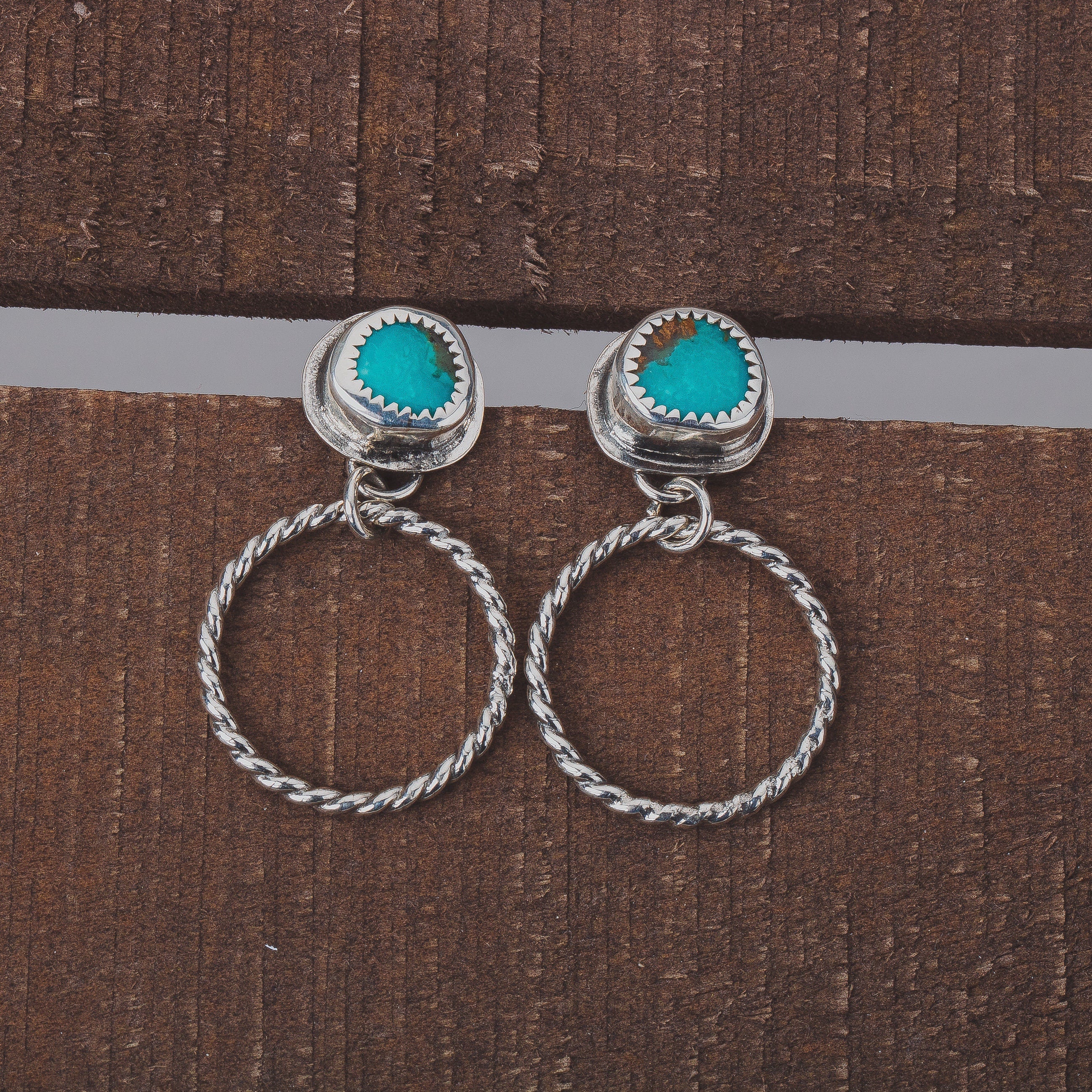 Lilah Earrings | Blue Kingman Turquoise Earrings With Twisted Rope Hoops & Threaded Screw On Posts | Big 925 Sterling Silver Boho Stud Post