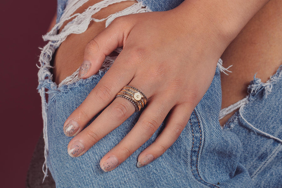 Personalized Initial Mixed Metal Stacking Rings - Melanie Golden Jewelry - engraved, Engraved Jewelry, initial choice 1, love, mixed metal, Motherhood, personalized, personalized jewelry, personalized rings, ring-size-choice, rings, stacking rings, VALENTINES