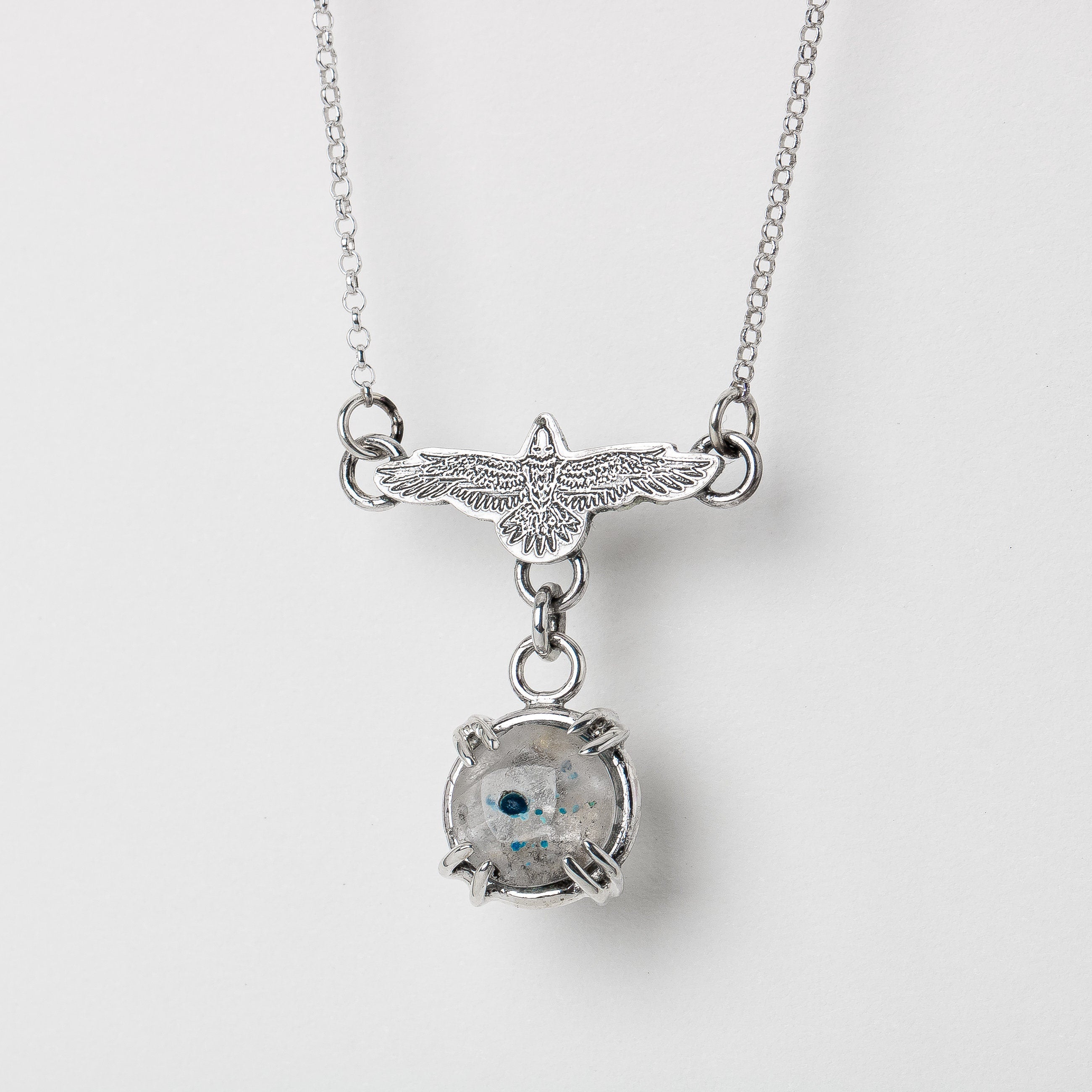 Raven Necklace With Super Rare Medusa Quartz Gemstone In Sterling Silver | Small Aqua Teal Blue Flying Fly Bird Thunderbird Pendant Charm