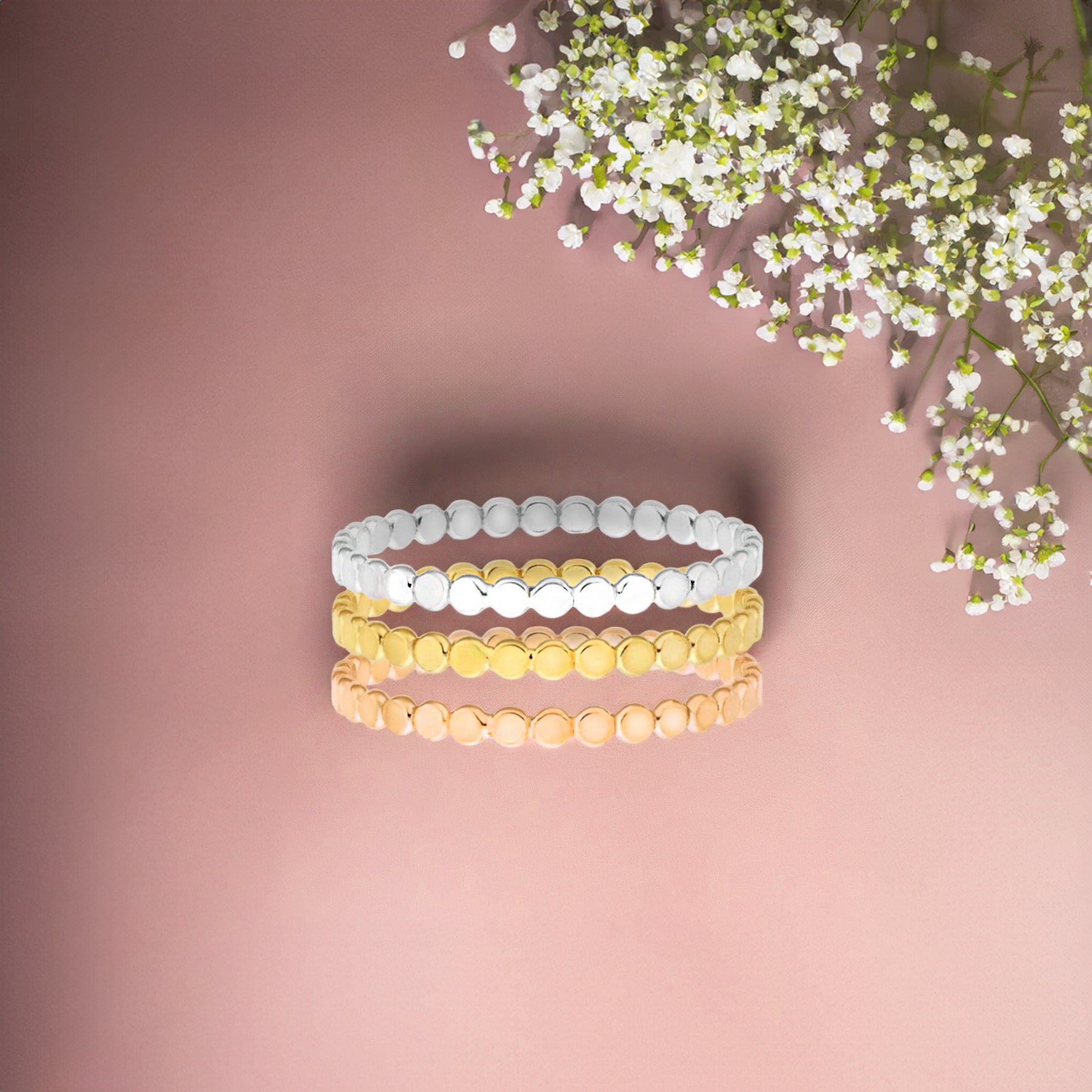 Trio of Glimmer Stacking Rings | Set of 3 Mixed Metal Hammered Dot Dotted Bead Beaded Stack Stackable Dainty Thin Bands | USA Sizes 2-12