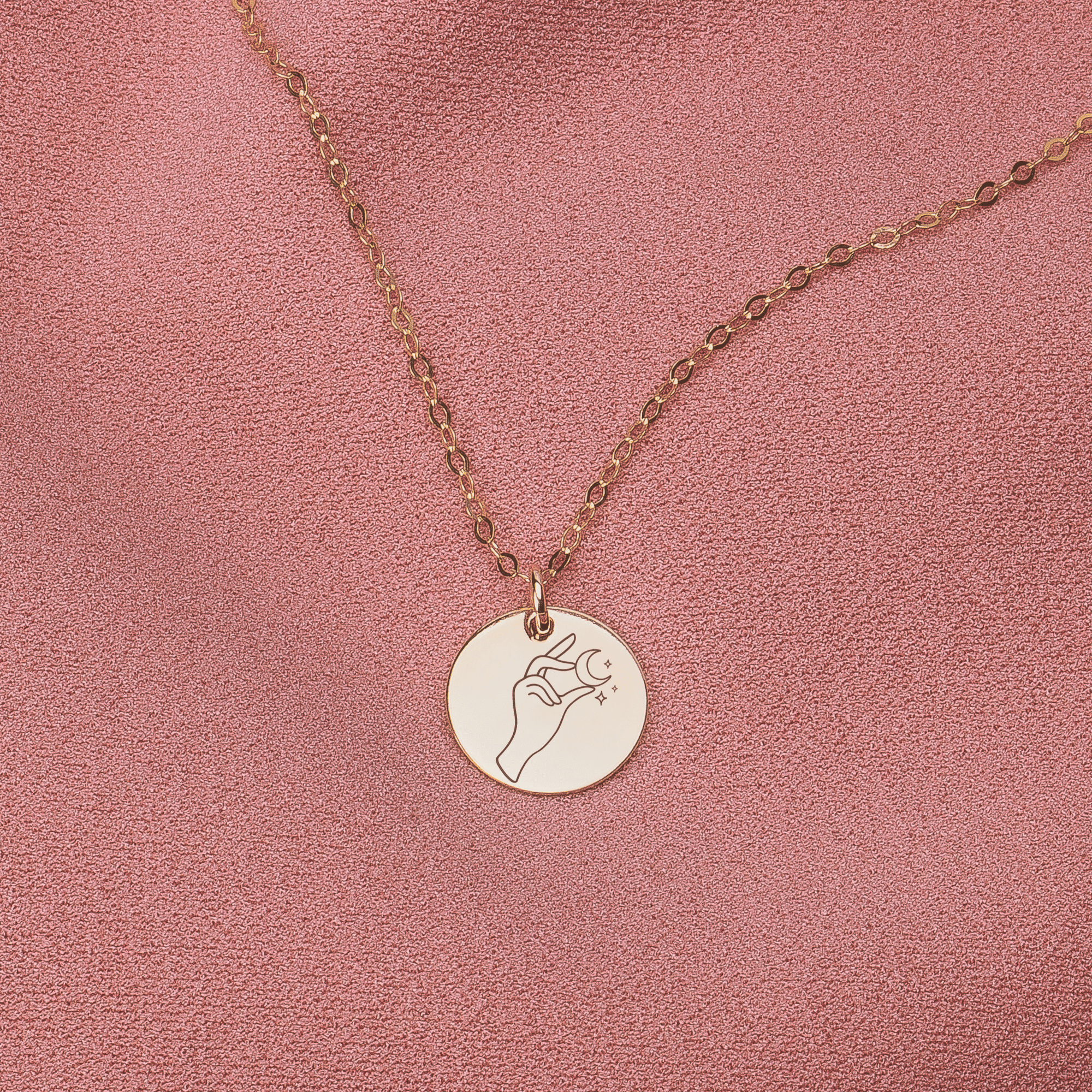 Lady of The Moon Disc Necklace - Melanie Golden Jewelry - disc necklaces, Engraved Jewelry, minimal minimal necklace, minimal necklace, mystic, necklace, necklaces