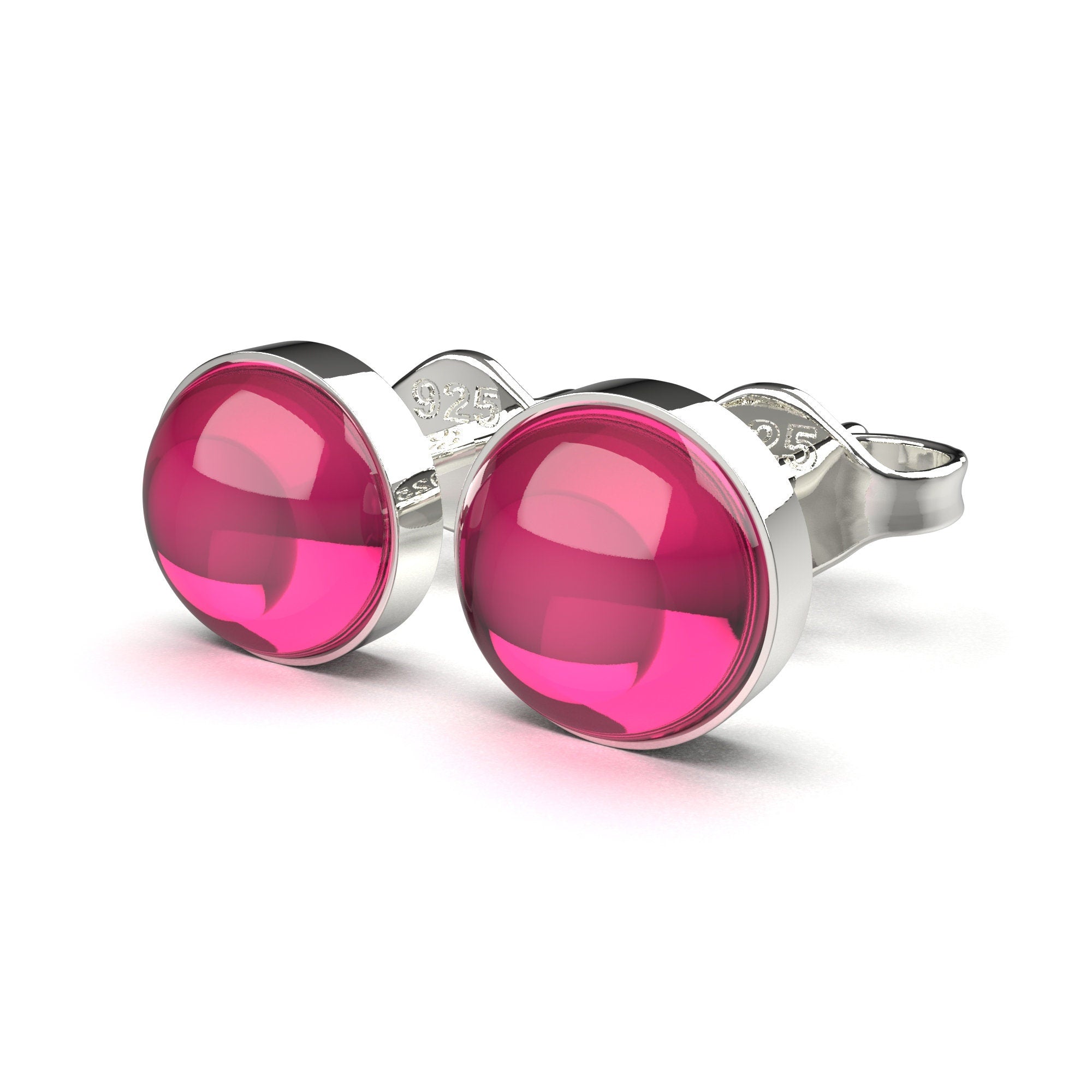 Ruby Gemstone Stud Earrings | Sterling Silver Hot Pink Round Circle Post Earrings