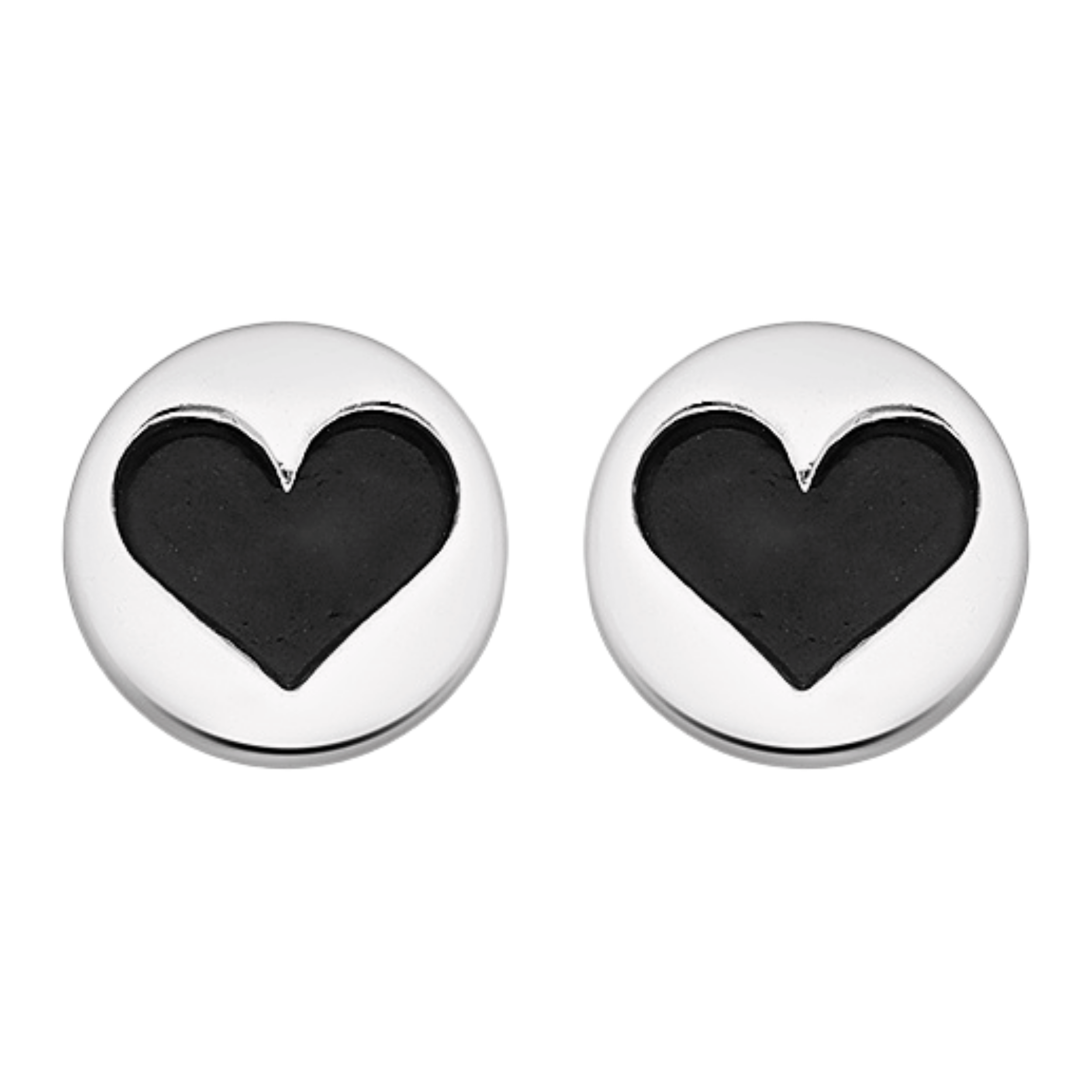 Heart Stud Earrings | Big Black & Silver Big Sterling Silver Heart Circle Disc Post Earrings For Women And Girls | Valentines Day Jewelry