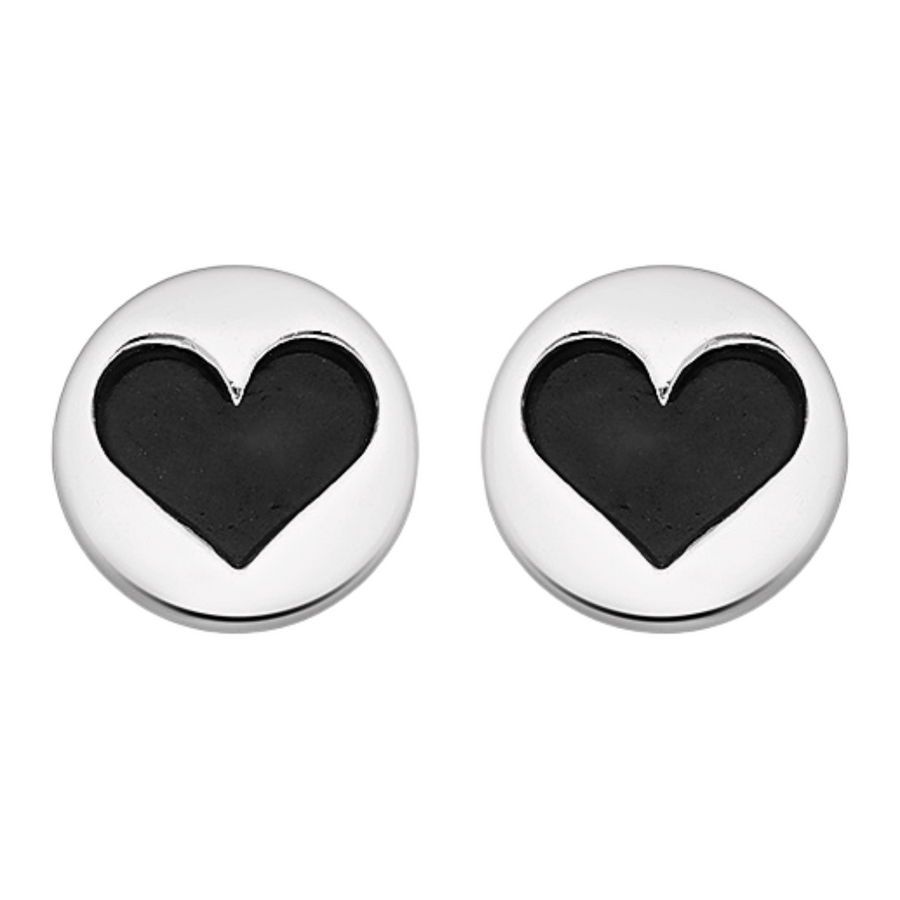 Heart Stud Earrings | Big Black & Silver Big Sterling Silver Heart Circle Disc Post Earrings For Women And Girls | Valentines Day Jewelry