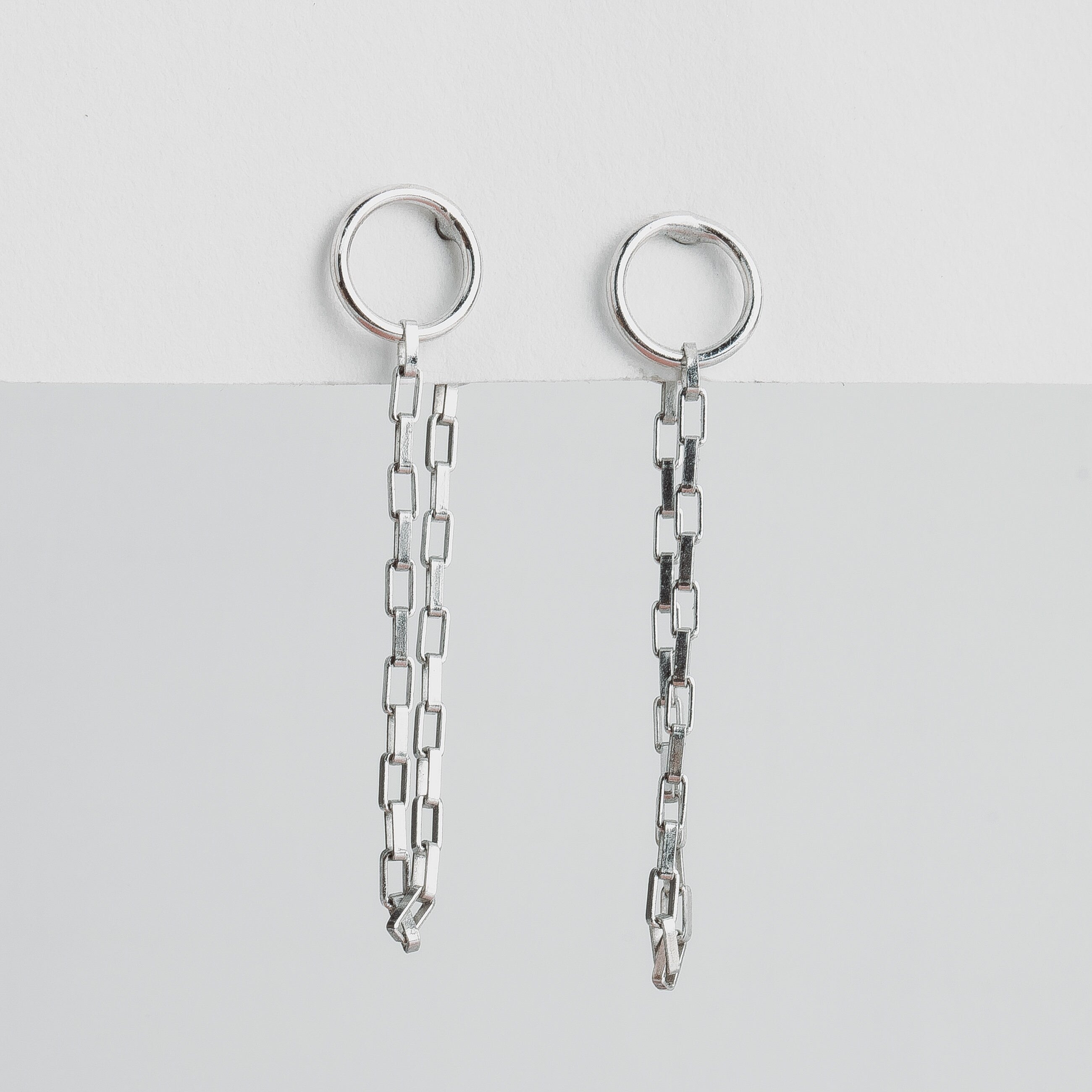 Chain Loop Earrings | Sterling Silver Circle Chain Cuff Post Stud Earrings | Minimalist Edgy Suspension Huggie Hoop Earrings
