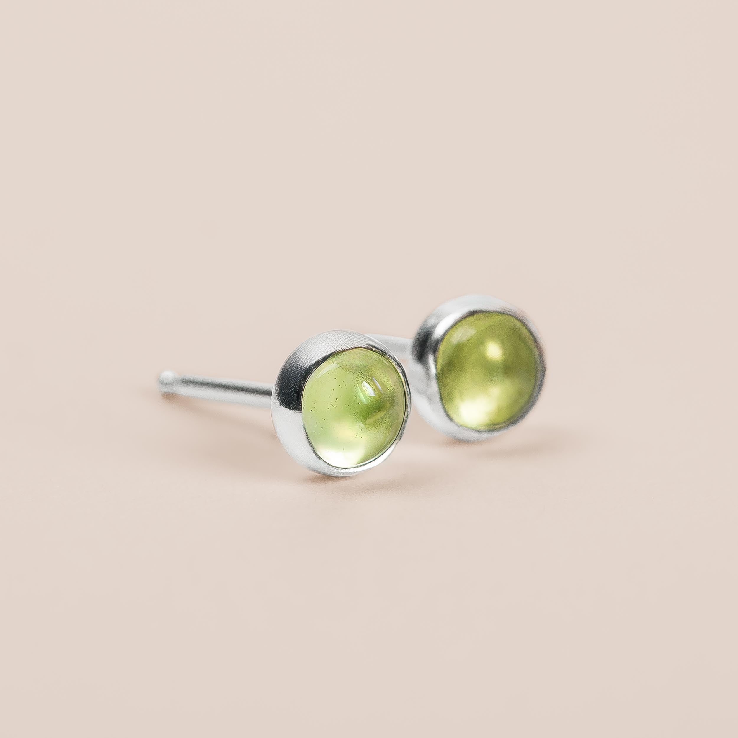 Lime Green Peridot Gemstone Stud Earrings | Tiny Sterling Silver Round Circle Light Green Stone Post Earrings for Women & Men | August Birthstone
