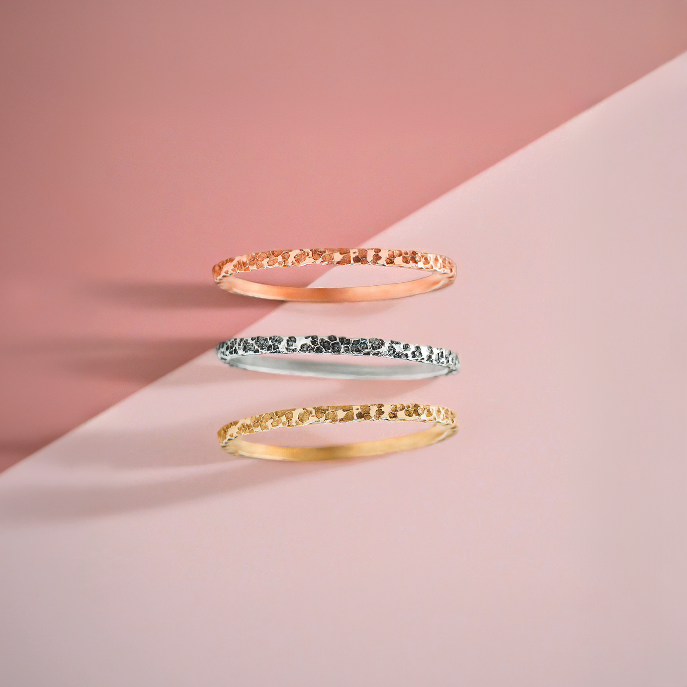 Trio of Boulder Stacking Rings | Set of 3 Mixed Metal Stacking Brutalist Rough Rocky Hammered Rings | Silver Gold & Rose Gold | Sizes 2-12