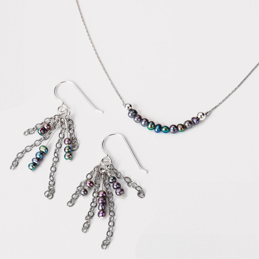 Jovie Necklace & Earrings Gift Set | Sterling Silver Natural Freshwater Black Pearls | Dainty Minimalist Colorful Jewelry Set Christmas Gift