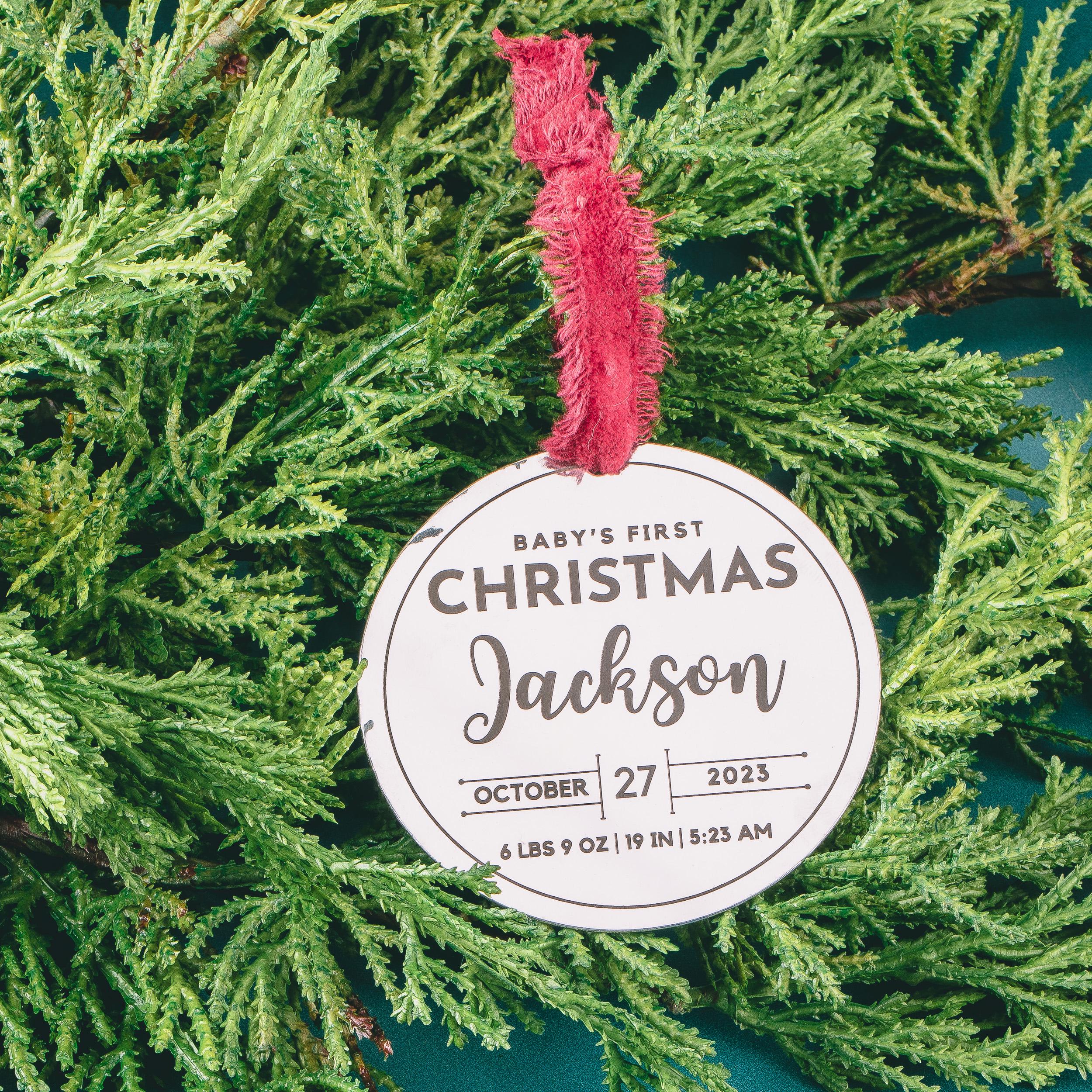 Personalized Ornament Baby's First Christmas | Custom Name & Birth Stats Holiday Decoration | Modern Brushed Stainless Steel Holiday Bauble