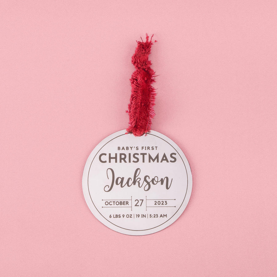 Personalized Ornament Baby's First Christmas | Custom Name & Birth Stats Holiday Decoration | Modern Brushed Stainless Steel Holiday Bauble