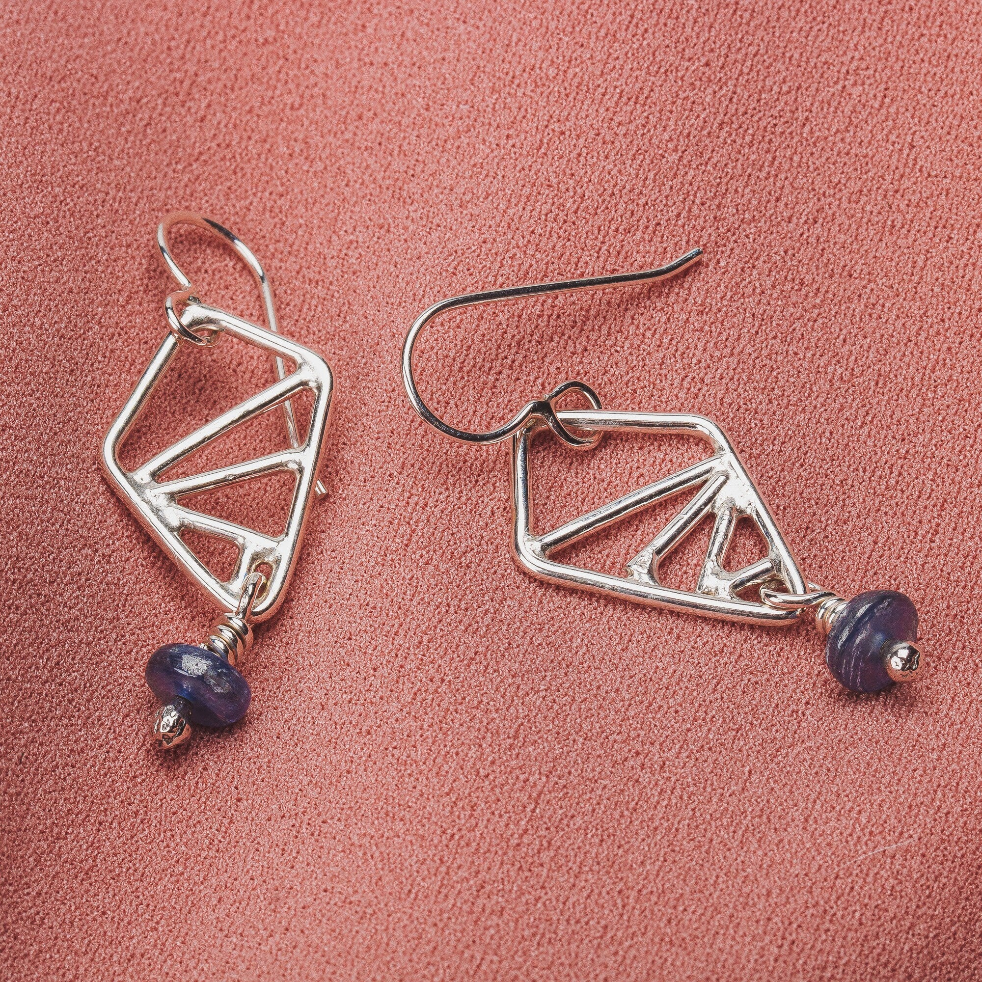 Sterling Silver Geometric Drop Earrings With Blue Kyanite Gemstones | Small Triangular Diamond Dark Blue Minimal Geo Dangle Drop Earrings