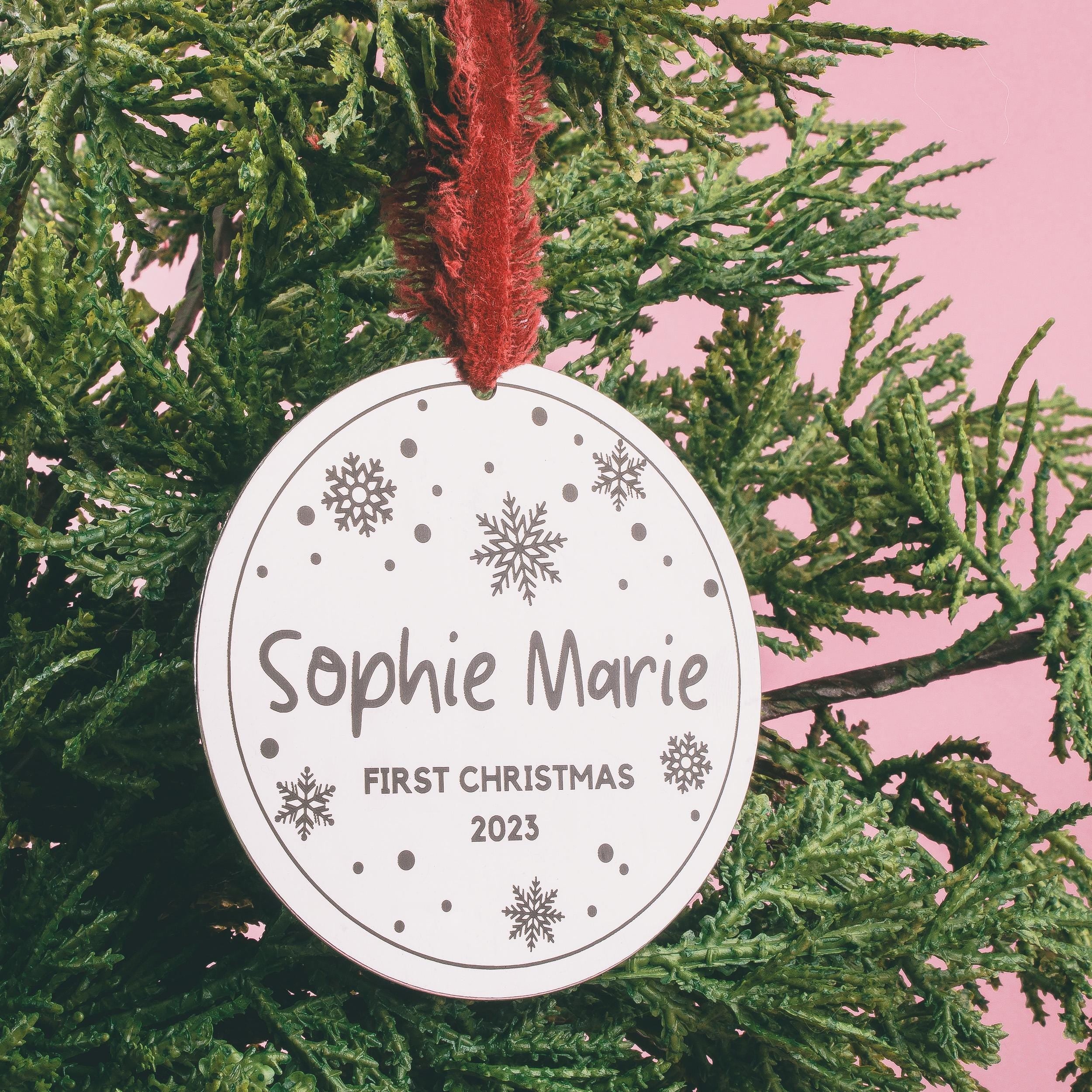 Baby's First Christmas Ornament | Personalized New Baby Holiday Tree Decoration | Newborn Name & Date Modern Brushed Silver Stainless Steel