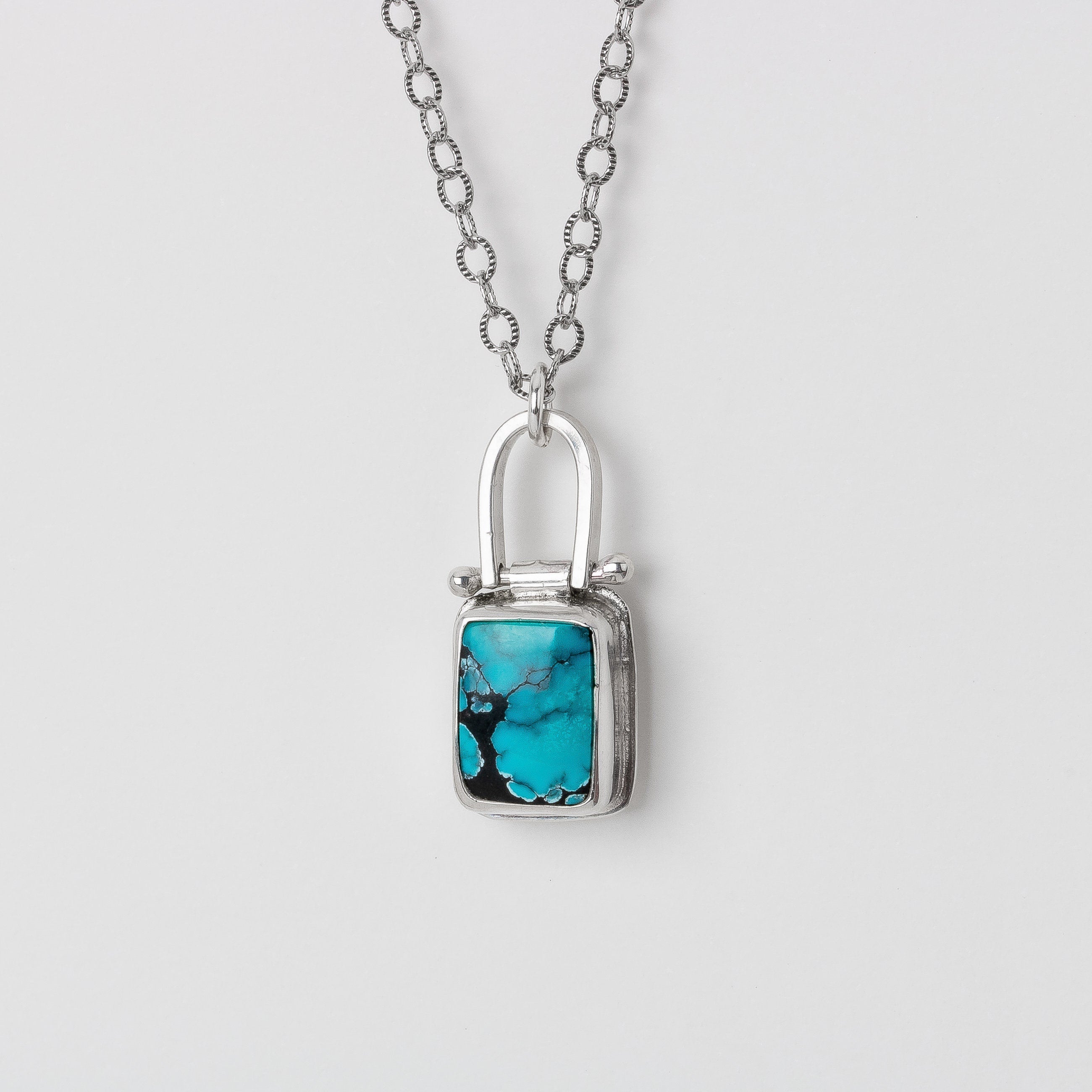 Rectangle Cloud Mountain Turquoise Hinge Necklace In Sterling Silver | Pinned Adjustable Aqua Blue And Black Spiderweb Boho Pendant
