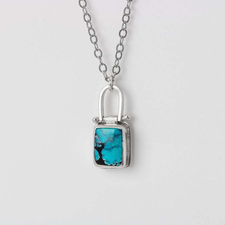 Rectangle Cloud Mountain Turquoise Hinge Necklace In Sterling Silver | Pinned Adjustable Aqua Blue And Black Spiderweb Boho Pendant