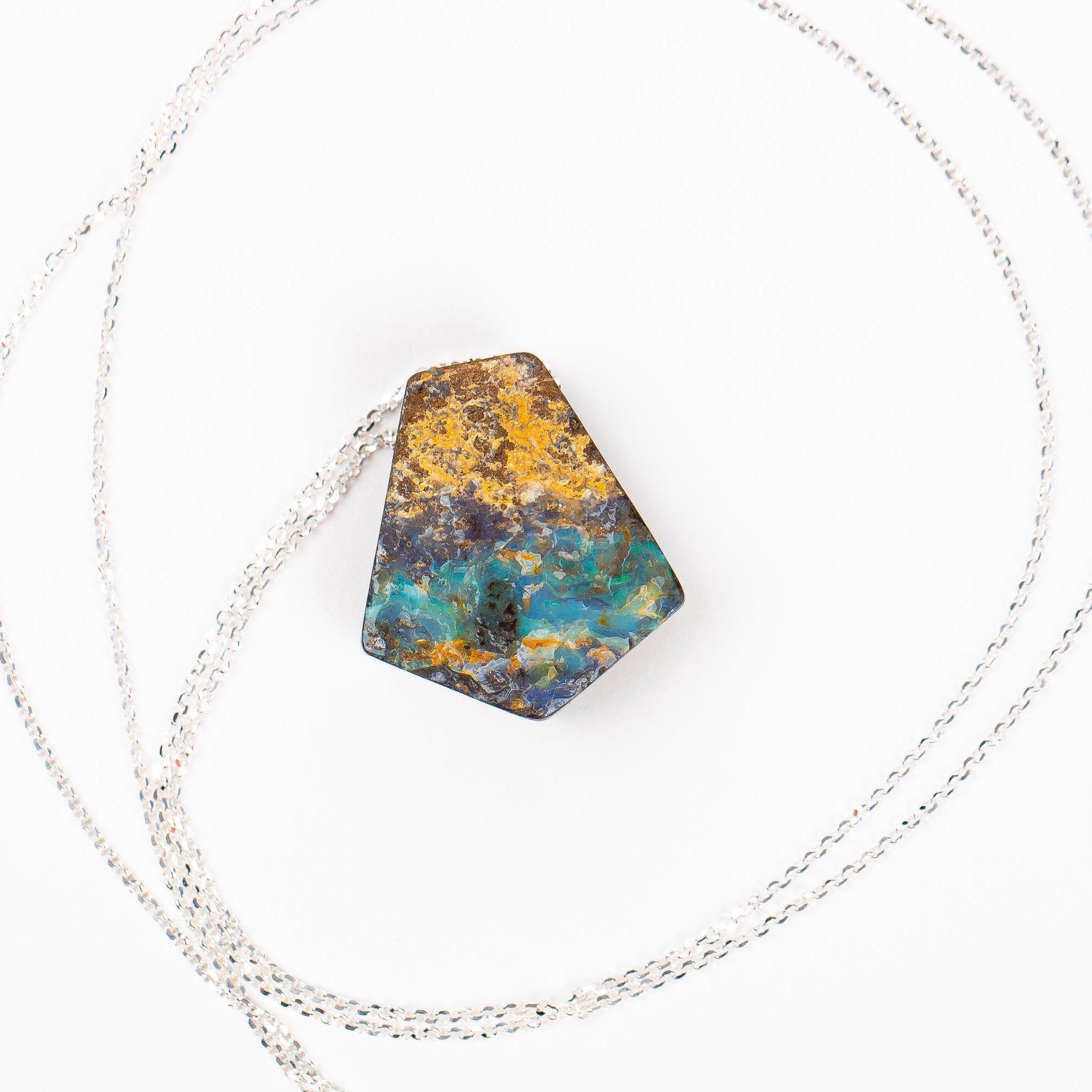 Long Colorful Boulder Opal Necklace In Sterling Silver |Natural RawRainbow Multicolored Extra Long Boho Bohemian Pendant Necklace