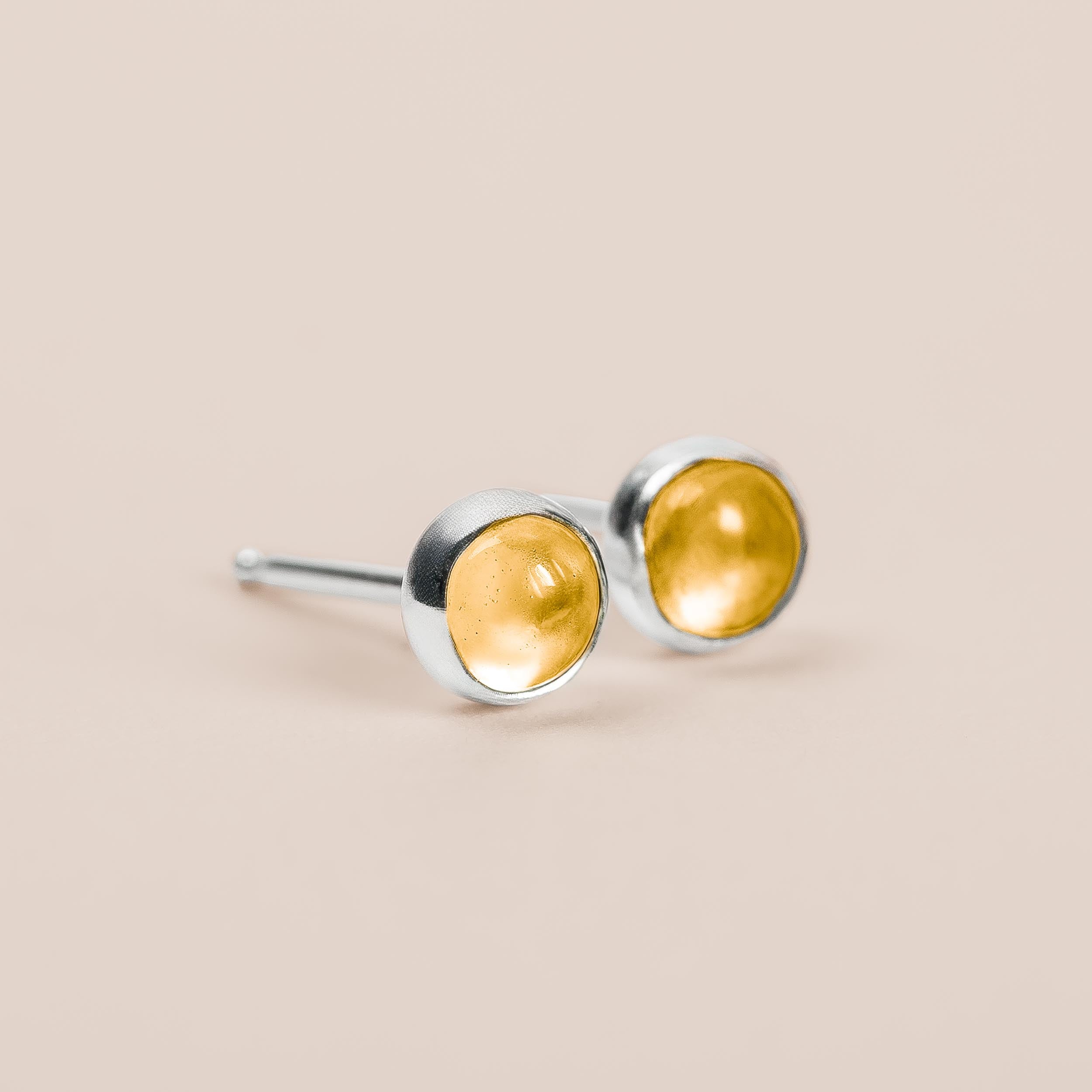 Yellow Citrine Gemstone Stud Earrings | Tiny Sterling Silver Round Circle Light Yellow Stone Post Earrings for Women & Girls
