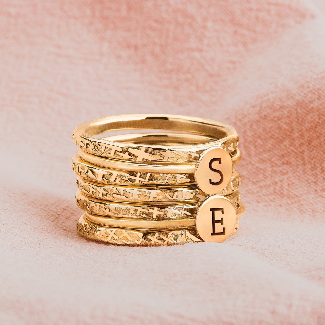 Initial Stacking Rings Set Of 7 In Gold, Silver, Or Rose Gold | Personalized Custom Letter Monogram Stackable Stack Stacking Family Ring