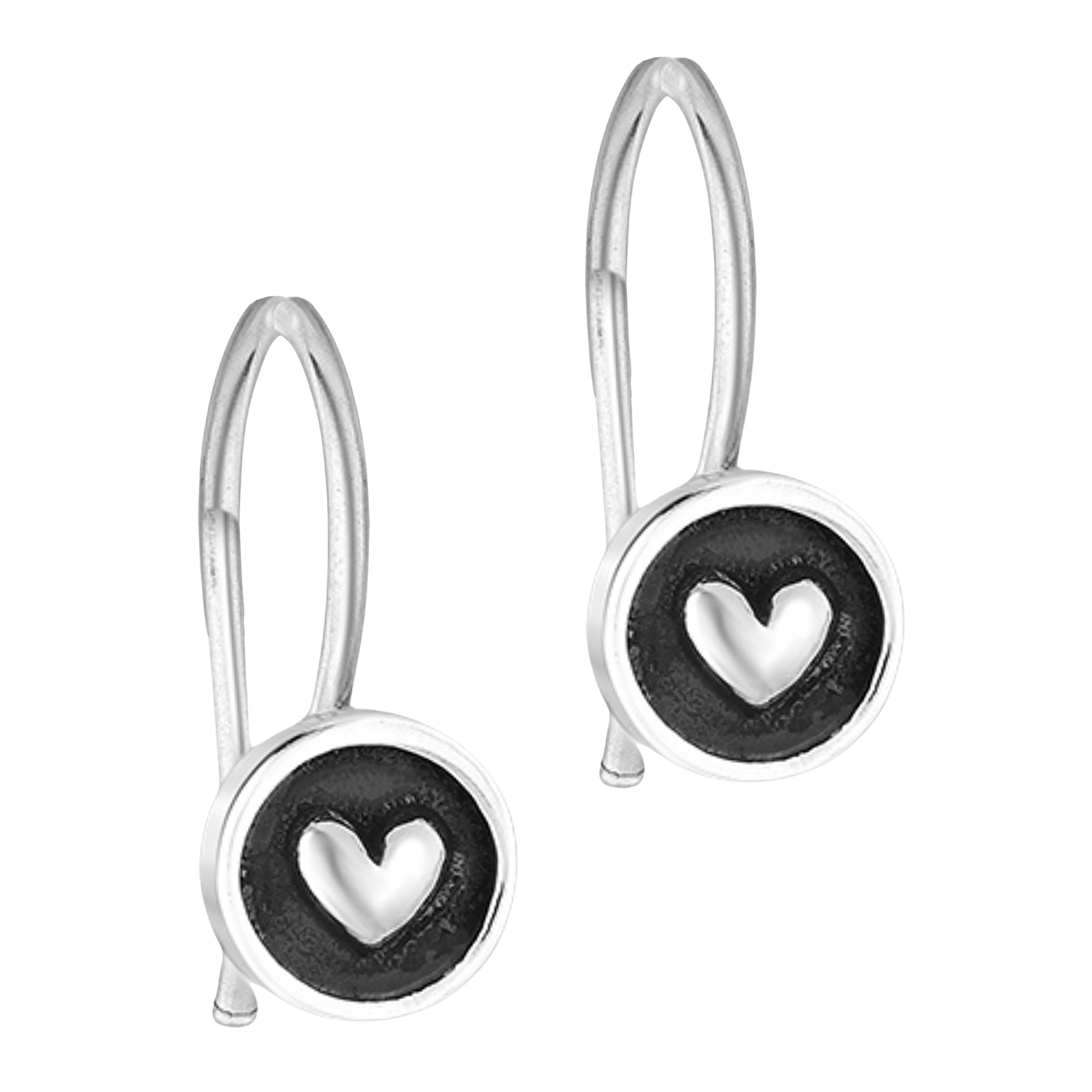 Round Heart Hook Earrings | Tiny Sterling Silver Round Circle Dangle Drop Earrings | Oxidized Black & Silver Heart | Valentines Day Jewelry
