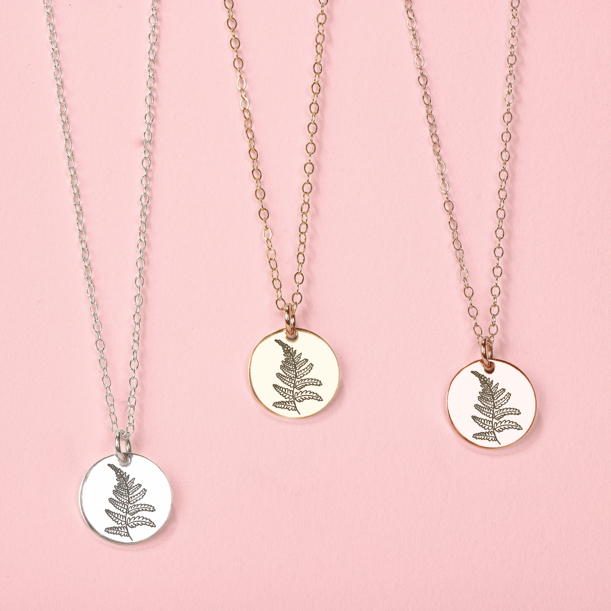 Fern Disc Necklace - Melanie Golden Jewelry - bridesmaid, disc necklaces, Engraved Jewelry, flora, minimal minimal necklace, minimal necklace, necklace, necklaces, personalized1, symbolic, wedding, wedding party