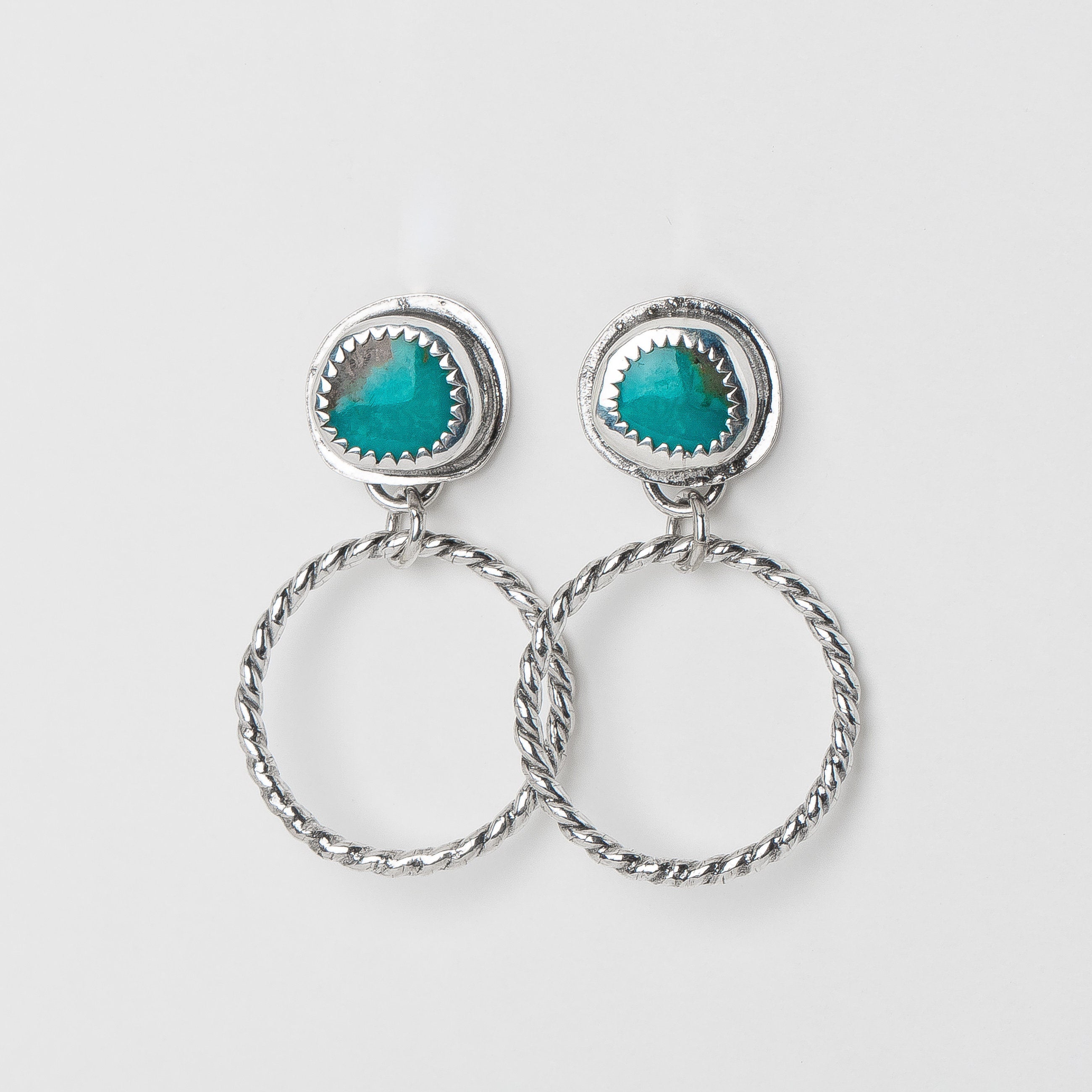 Lilah Earrings | Blue Kingman Turquoise Earrings With Twisted Rope Hoops & Threaded Screw On Posts | Big 925 Sterling Silver Boho Stud Post