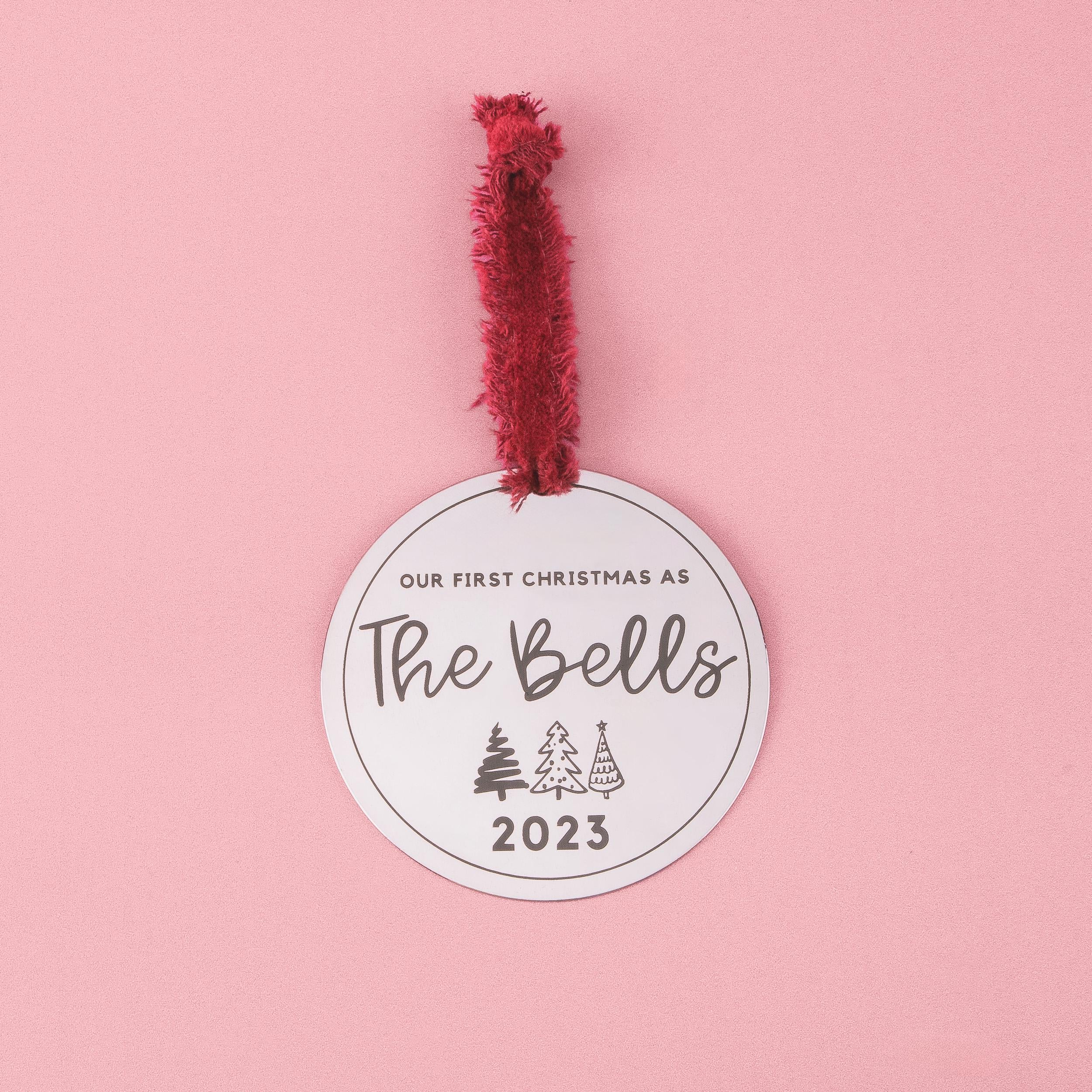 Newlyweds Christmas Ornament | Personalized Gift for Married Couples | Custom Family Name & Year Holiday Decor | Modern Stainless Steel
