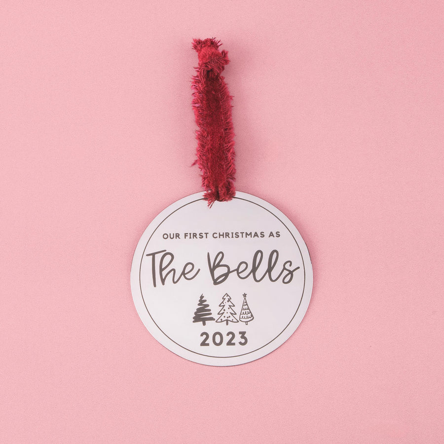 Newlyweds Christmas Ornament | Personalized Gift for Married Couples | Custom Family Name & Year Holiday Decor | Modern Stainless Steel