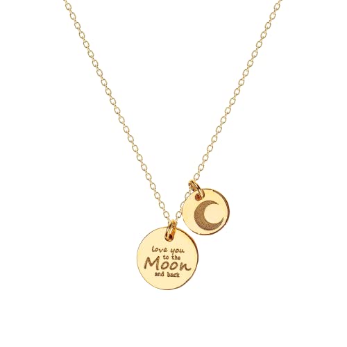 Love You to the Moon & Back Disc Necklace | Engraved Round Circle Charm Pendant Necklace in 14K Gold Fill | Dainty Jewelry Gift for Her