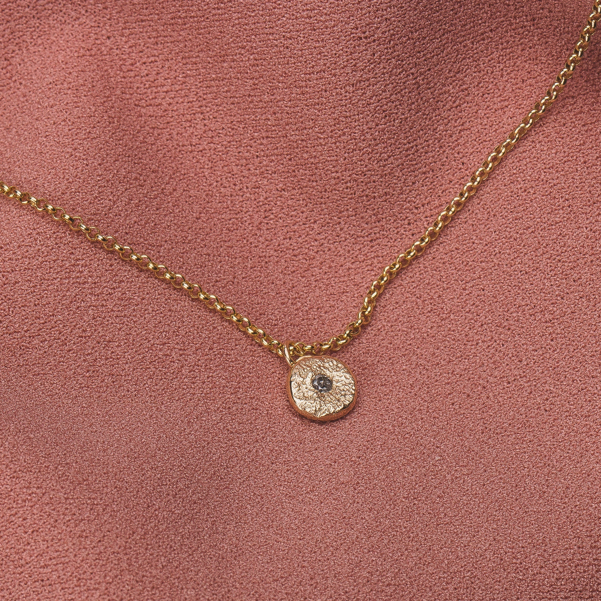 Solid 14K Gold Silvermist Diamond Necklace | Tiny small little round circle 14K yellow gold textured diamond necklace | Gift for her