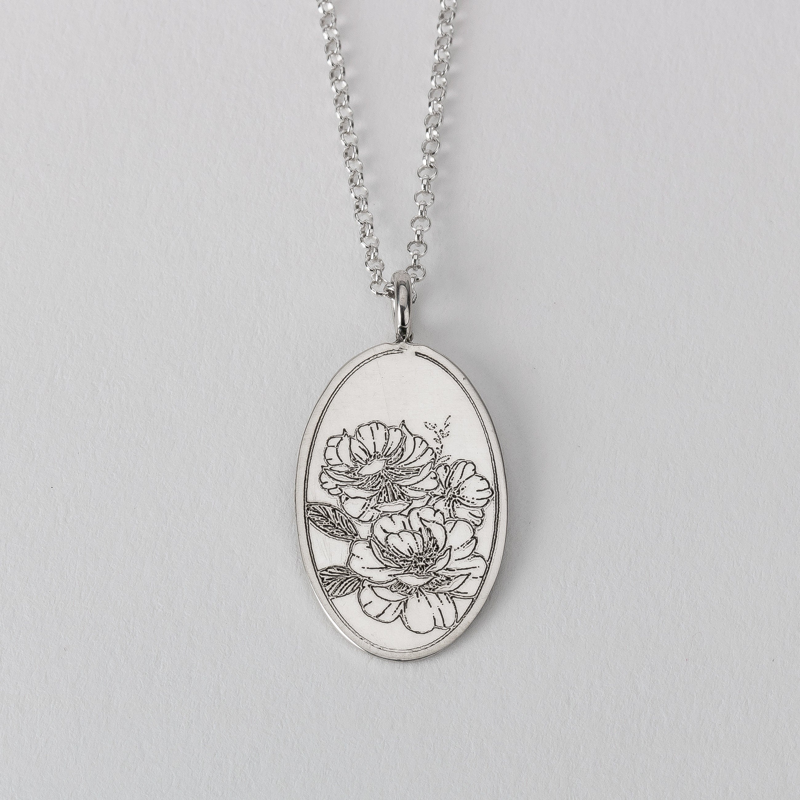 Engraved Peony Flower Pendant Necklace