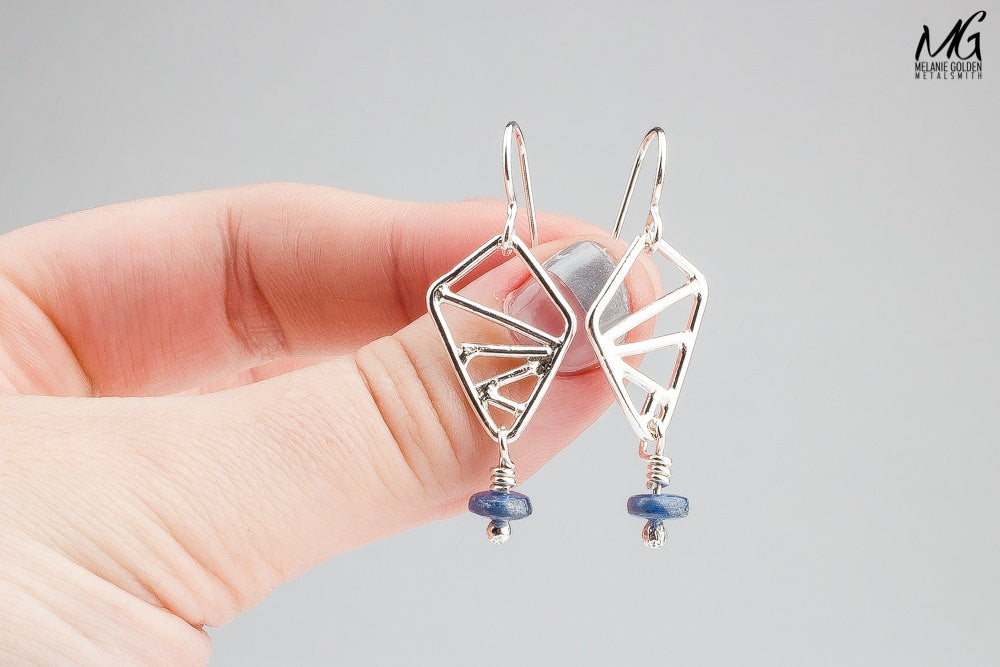Sterling Silver Geometric Drop Earrings With Blue Kyanite Gemstones | Small Triangular Diamond Dark Blue Minimal Geo Dangle Drop Earrings