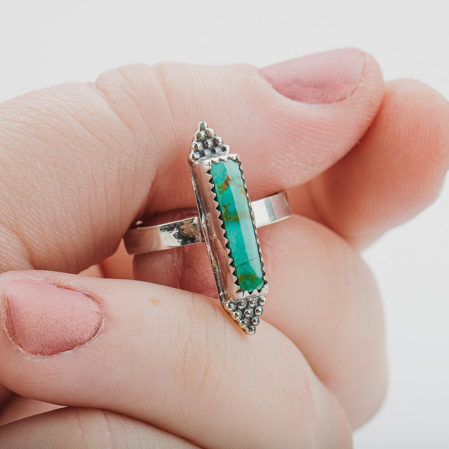 Size 6.75 Long Rectangle Aqua Blue Royston Turquoise Gemstone Ring In Sterling Silver | Beaded Boho Bohemian Teal Blue Statement Ring