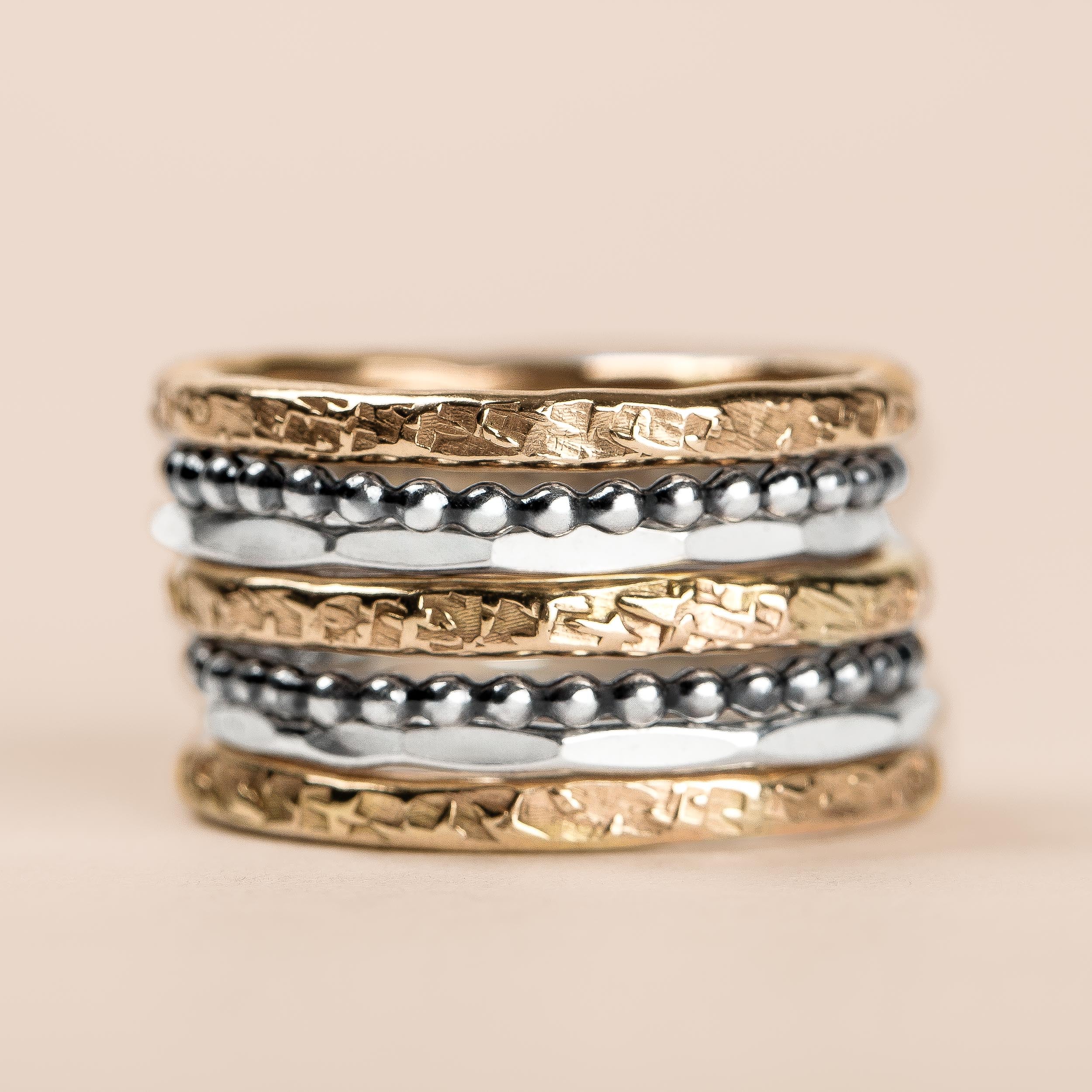 The Demi Stack | Set of 7 Mixed Metal Stackable Rings in Gold and Silver | Bold Statement Ring Bands | USA Sizes 4-12
