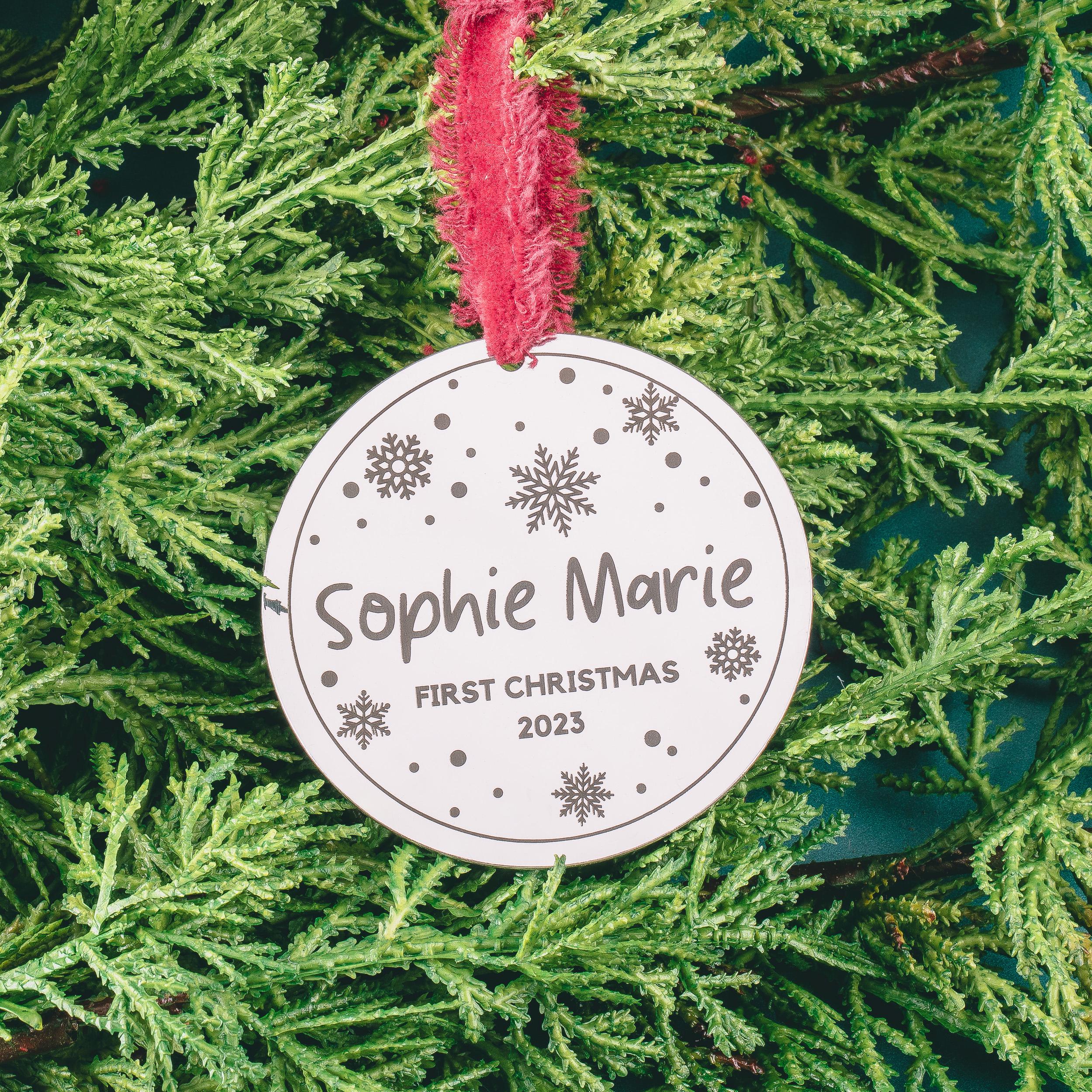 Baby's First Christmas Ornament | Personalized New Baby Holiday Tree Decoration | Newborn Name & Date Modern Brushed Silver Stainless Steel