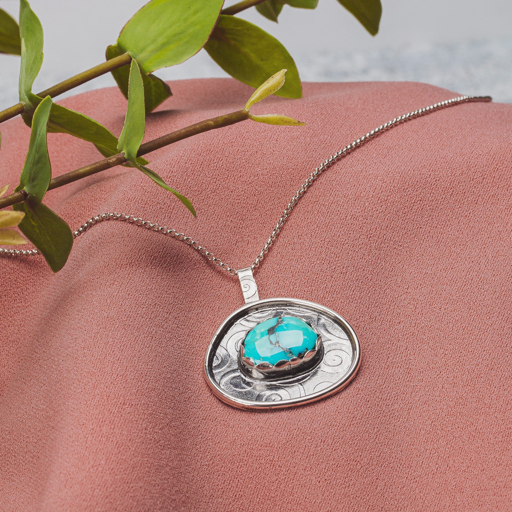 Morenci Turquoise Gemstone Necklace | Big Aqua Blue Bohemian Boho Style Pendant Necklace With Swirly Border In Sterling Silver