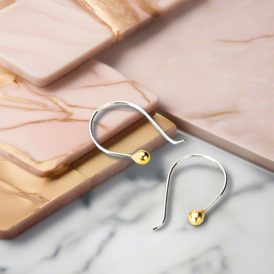 Gold Dot Pull Through Earrings | Small Hook Threader Drop Earrings, Mixed Metal Sterling Silver & 14K Gold | Wire Hoop Modern Minimalist