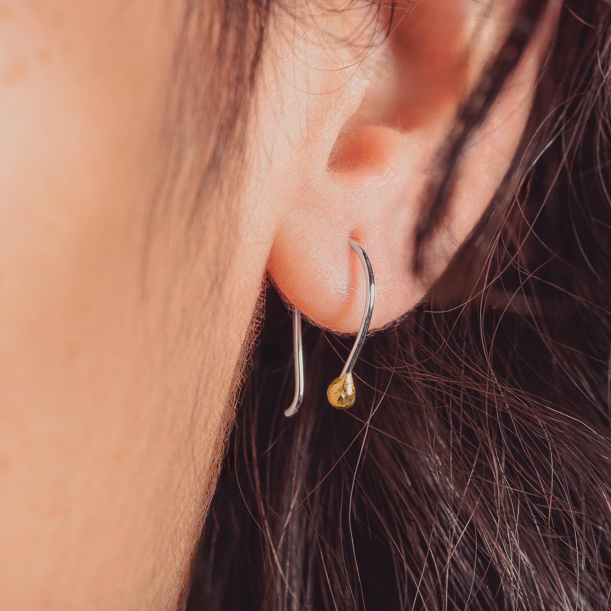 Gold Dot Pull Through Earrings | Small Hook Threader Drop Earrings, Mixed Metal Sterling Silver & 14K Gold | Wire Hoop Modern Minimalist