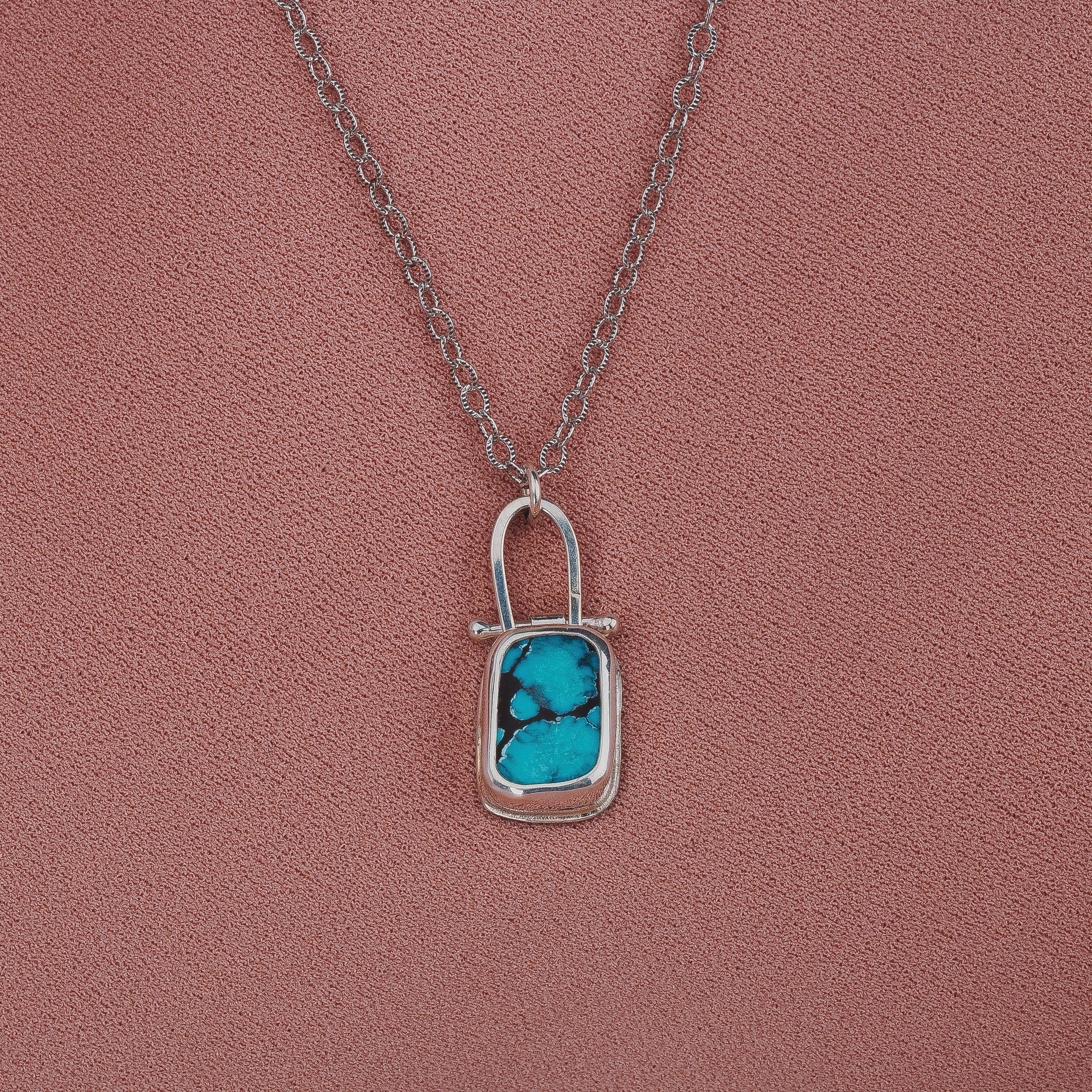 Rectangle Cloud Mountain Turquoise Hinge Necklace In Sterling Silver | Pinned Adjustable Aqua Blue And Black Spiderweb Boho Pendant