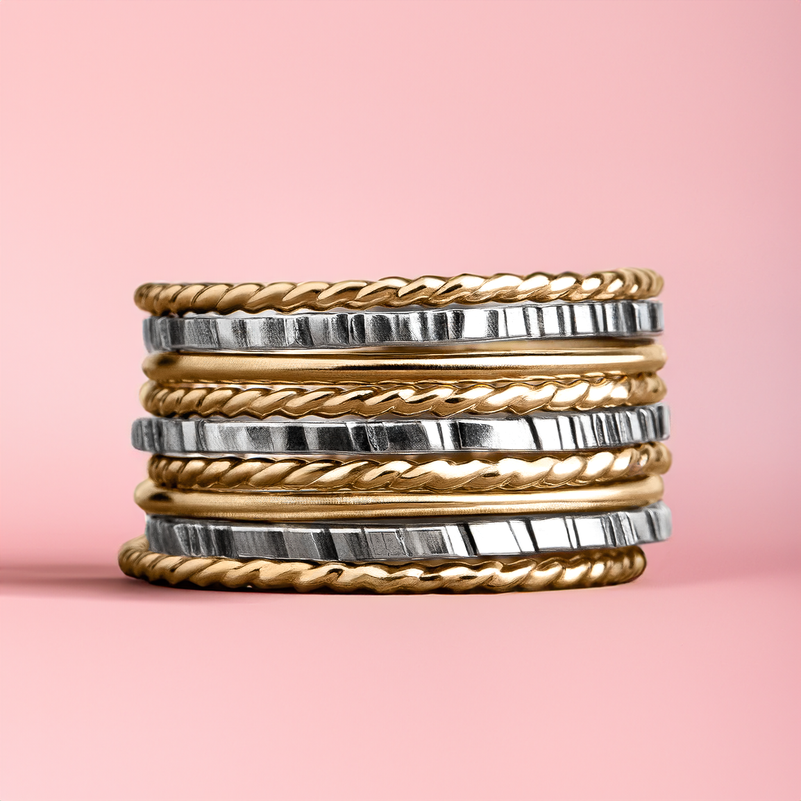 The Rowe Stack | Set of 9 Gold and Silver Mixed Metal Stacking Rings | USA Sizes 4-12