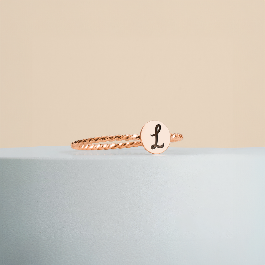 Initial Braided Rope Ring | Personalized Custom Letter Ring Band in Silver, Gold, Or Rose Gold | Family Signet Monogram Stackable Twist Ring