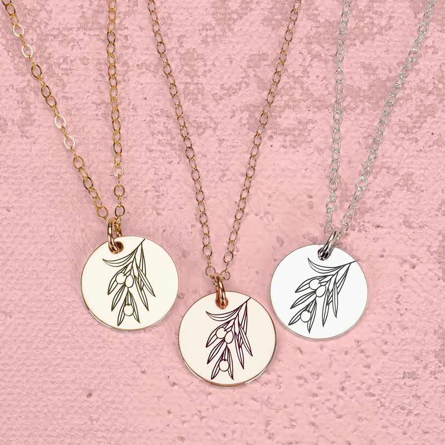 Olive Branch Disc Necklace | Engraved Circle Necklace in Silver, Gold or Rose Gold | Floral Olive Tree Twig Branch Peace Friendship Pendant
