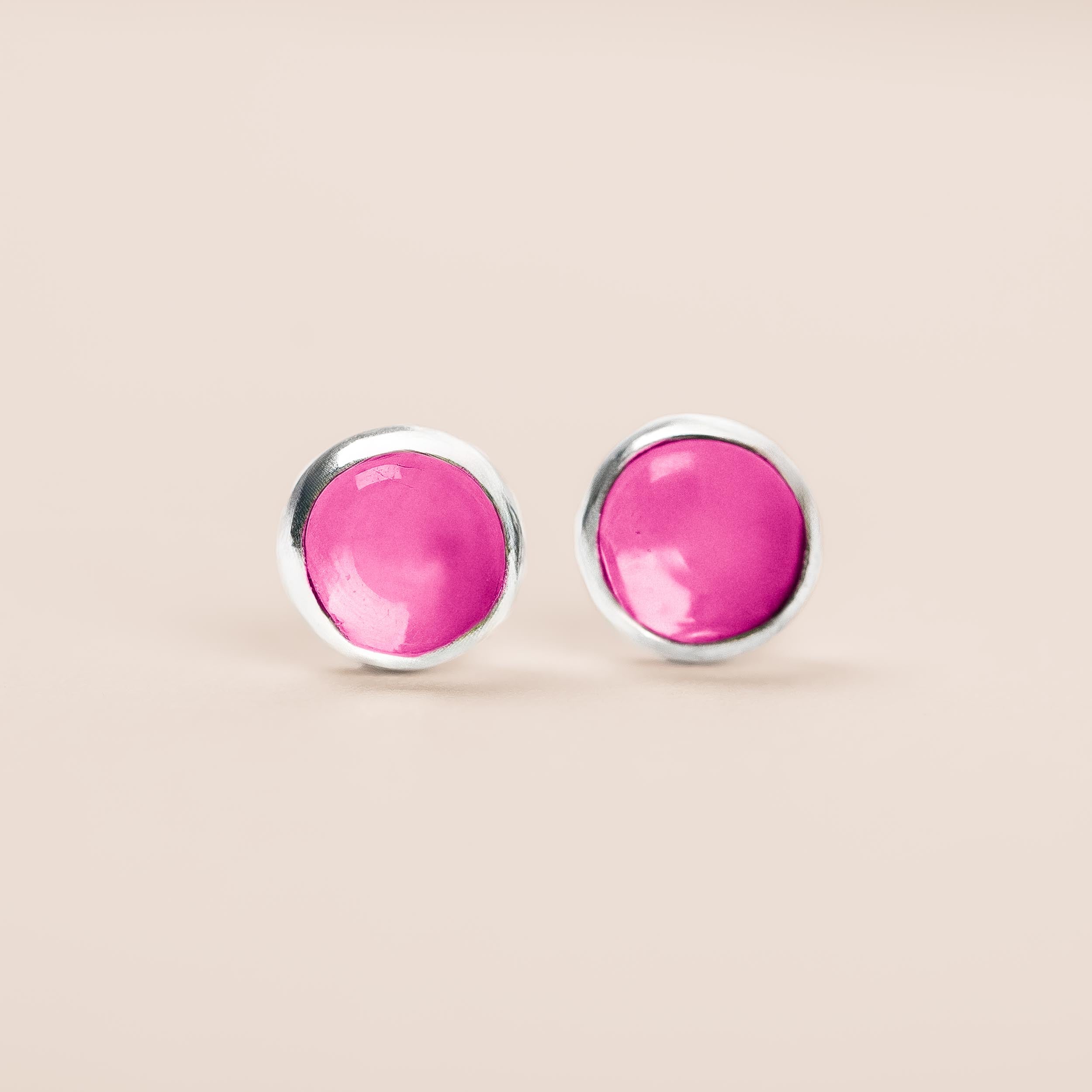 Ruby Gemstone Stud Earrings | Sterling Silver Hot Pink Round Circle Post Earrings