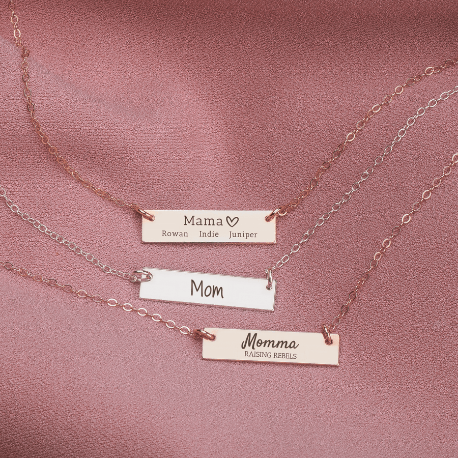 Personalized Mothers Bar Necklace | Custom Engraved Momma Mother Bar Necklace in Silver, Gold, or Rose Gold | Customized Gift for Mom