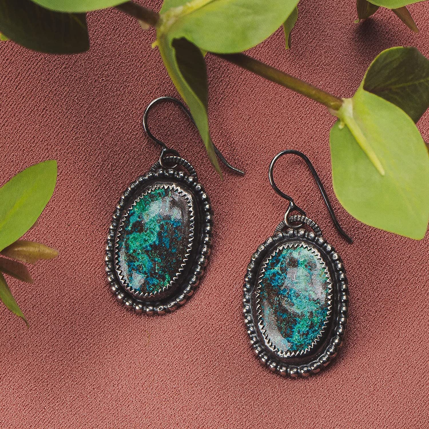 Azurite Gemstone Earrings | Large Oval Oxidized Black Sterling Silver Dangle Drop Earrings